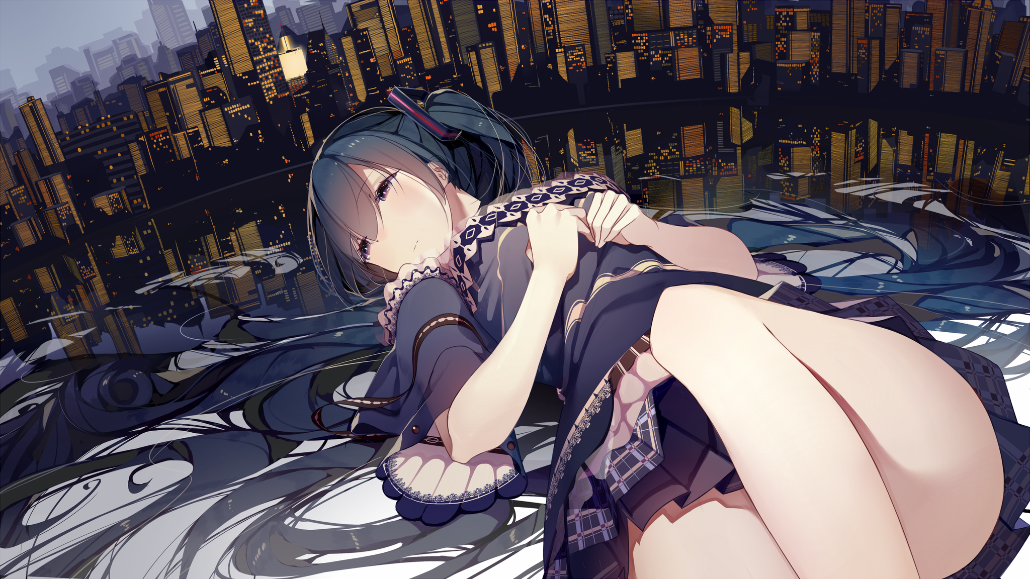 Anime 2048x1152 anime anime girls Hatsune Miku Vocaloid cityscape water Atha lying on back thighs lying down