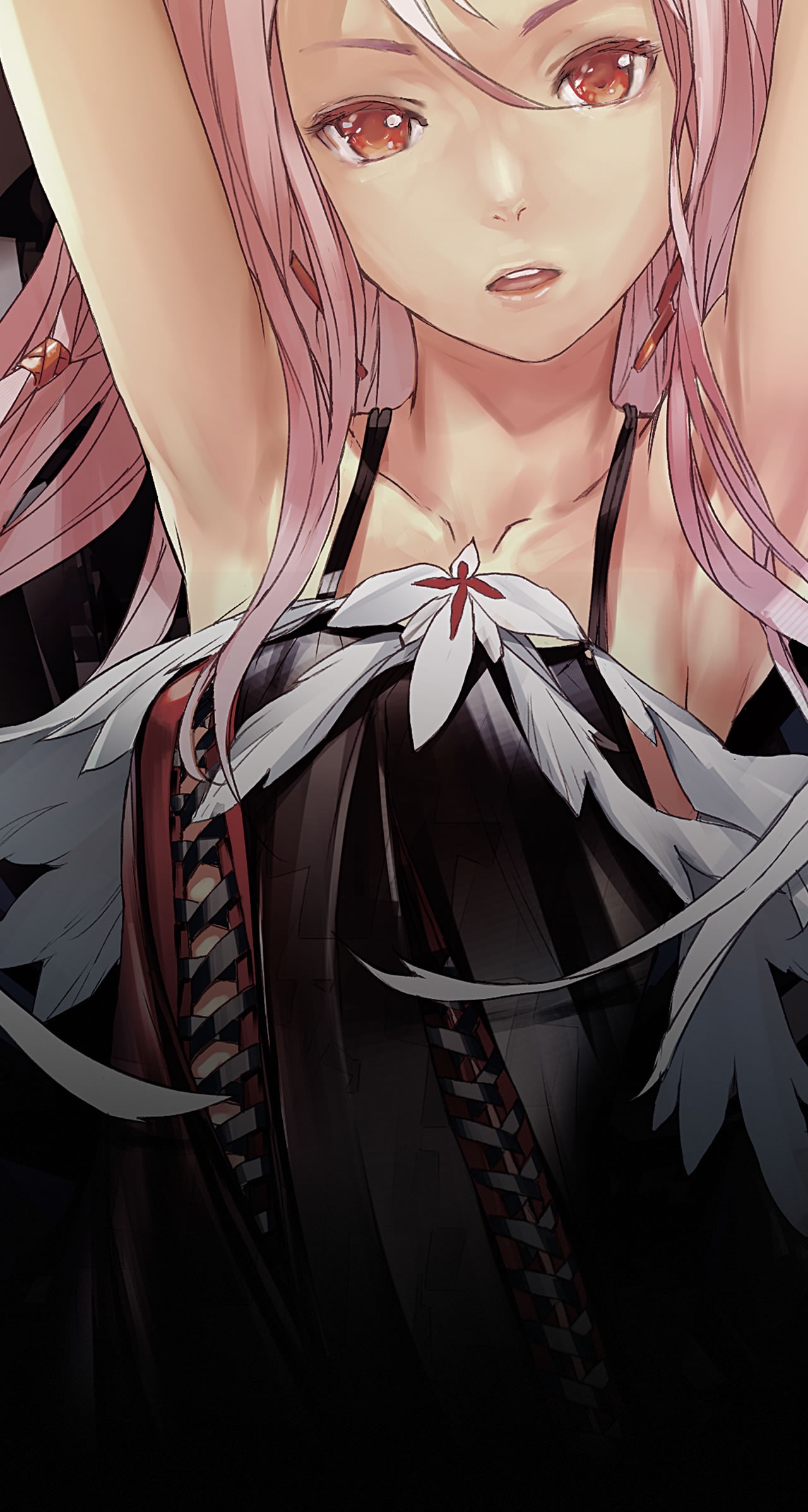 Anime 1280x2395 Guilty Crown Yuzuriha Inori anime girls anime face arms up parted lips red eyes looking at viewer