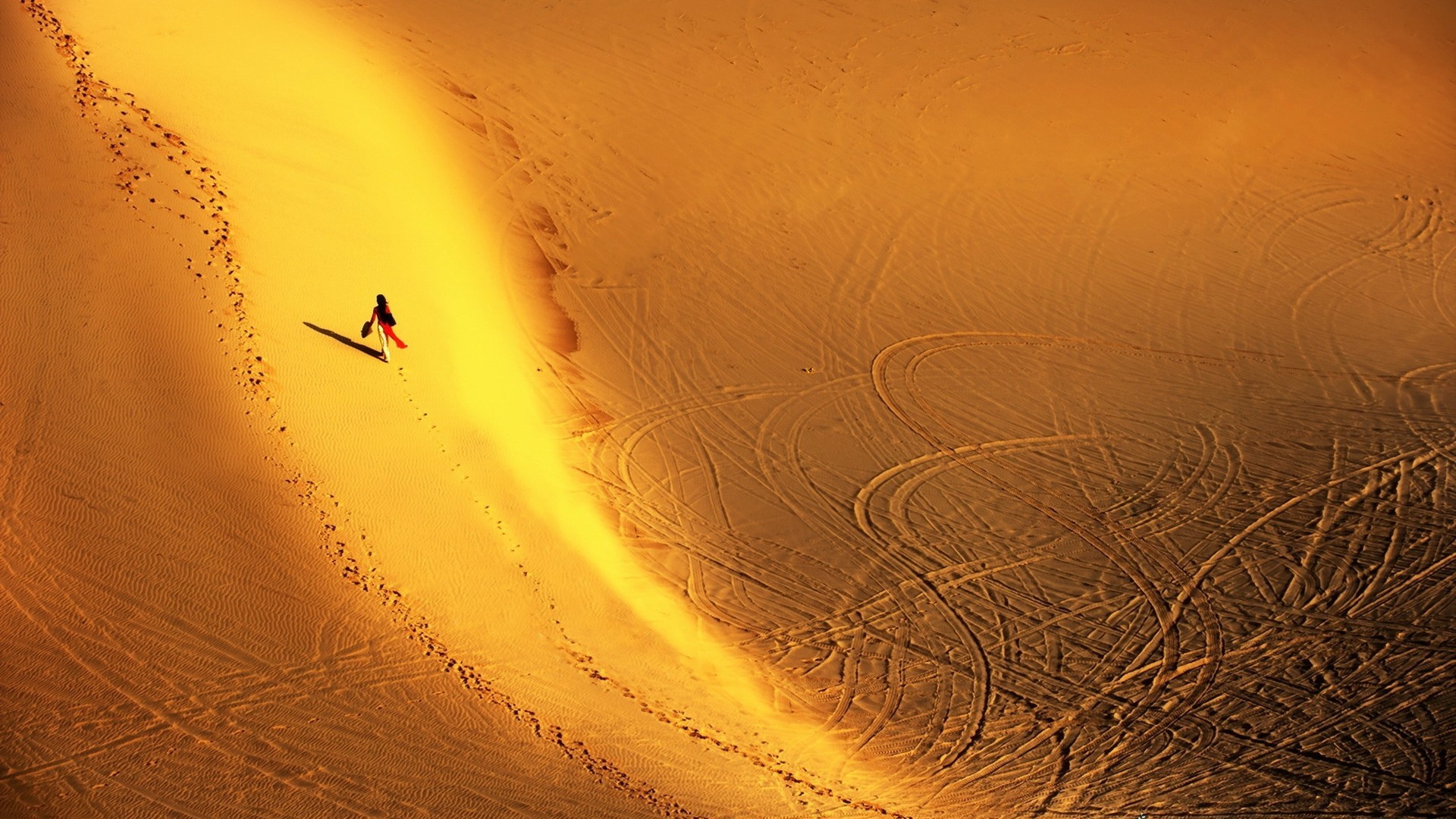 General 1920x1080 aerial view nature landscape desert sand women footprints sunlight shadow tire tracks yellow women outdoors walking