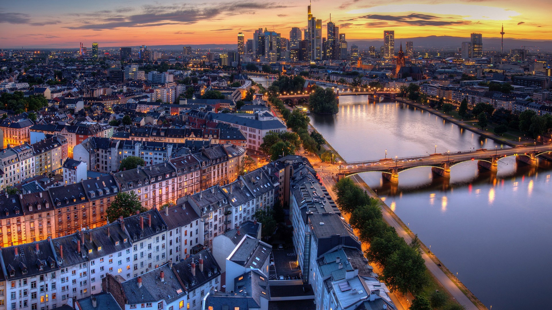 General 1920x1080 city cityscape architecture lights building bridge water river trees Frankfurt Germany house skyscraper evening clouds sunset street rooftops aerial view hills reflection