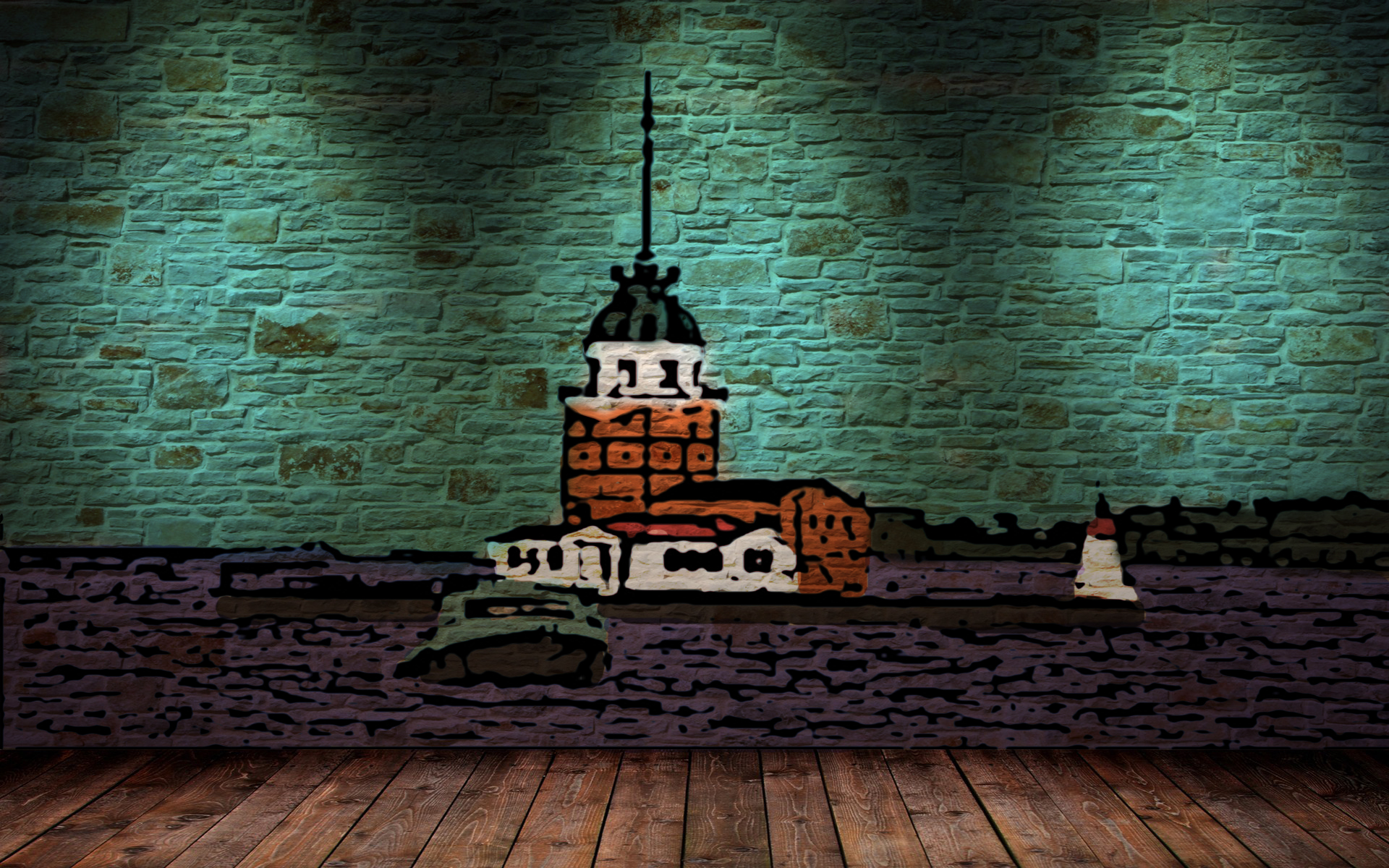 General 1920x1200 cartoon Istanbul Maiden's Tower ship wall color correction green bricks floor digital art