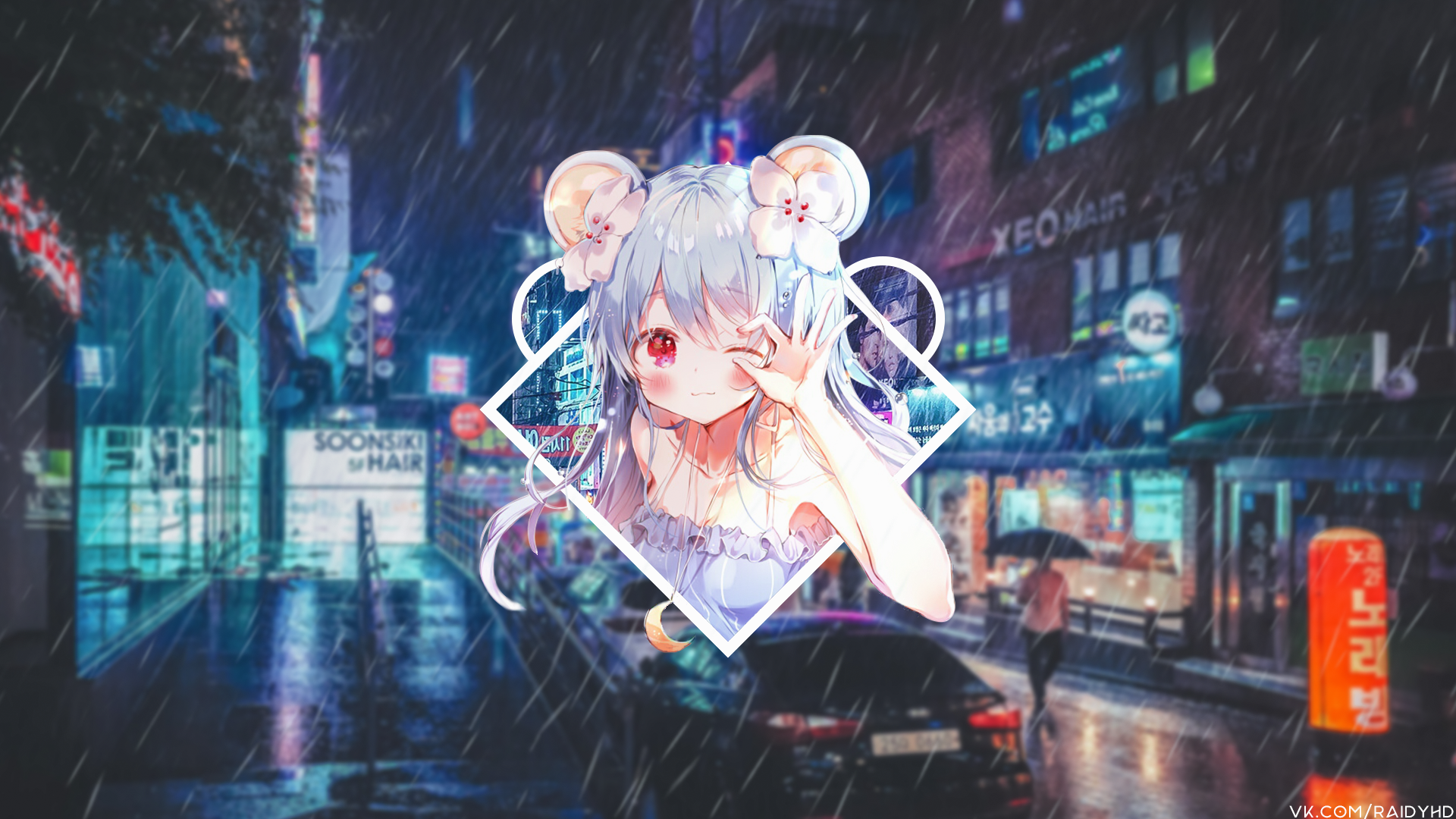 Anime 1920x1080 anime anime girls picture-in-picture road South Korea city neon lights rain cityscape