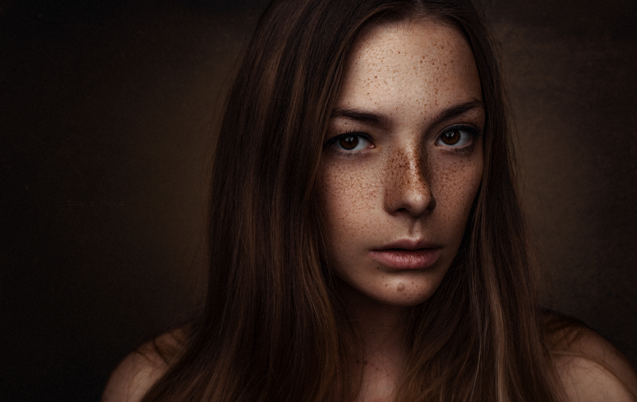 People 2048x1294 women Olga Kobzar freckles face portrait Mila Timchenko sensual gaze simple background closeup low light
