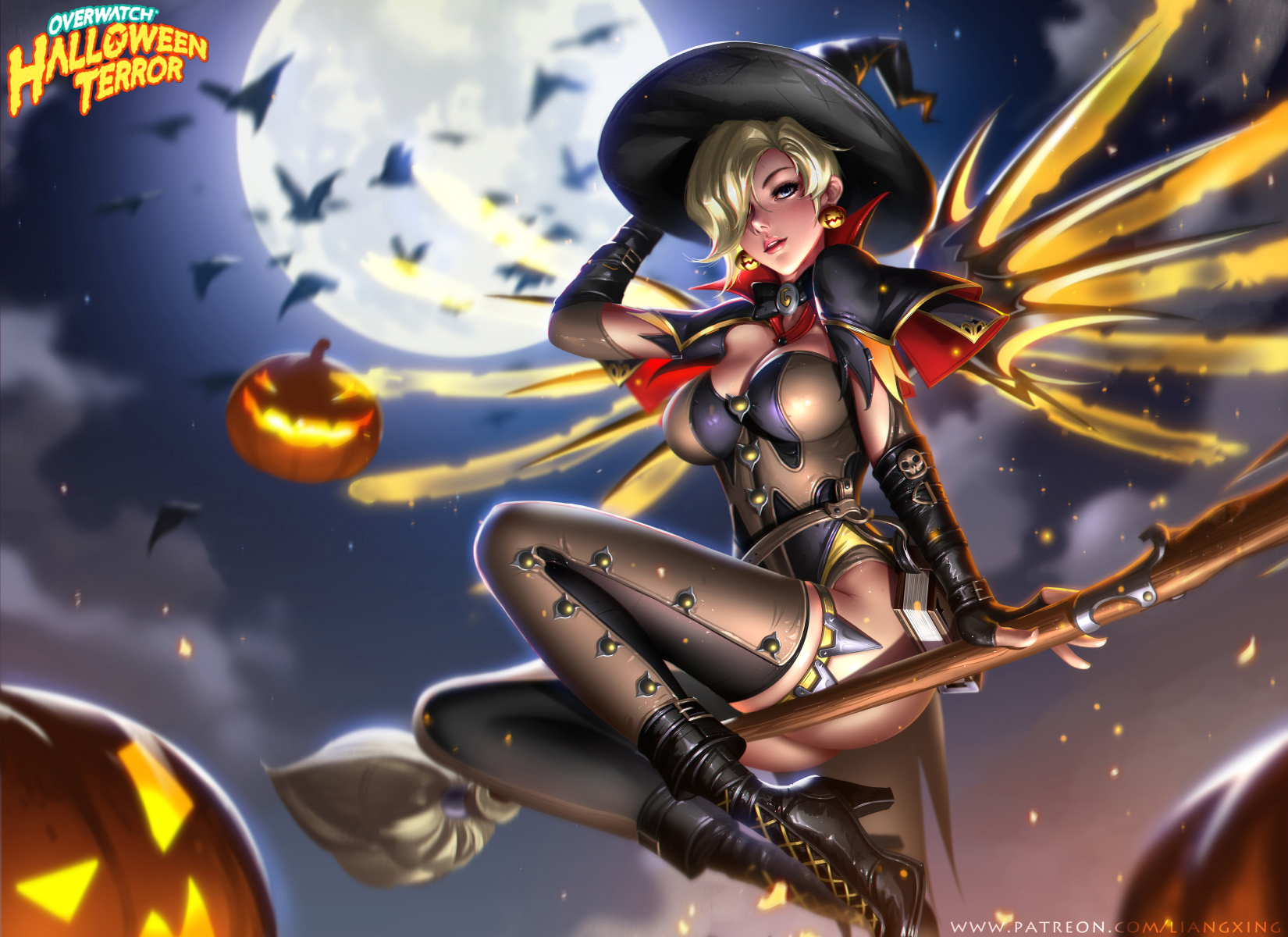 Anime 1650x1200 pumpkin witch hat hat witch Halloween blonde cleavage heels Jason Liang Mercy (Overwatch) Overwatch thigh-highs wings Moon broom