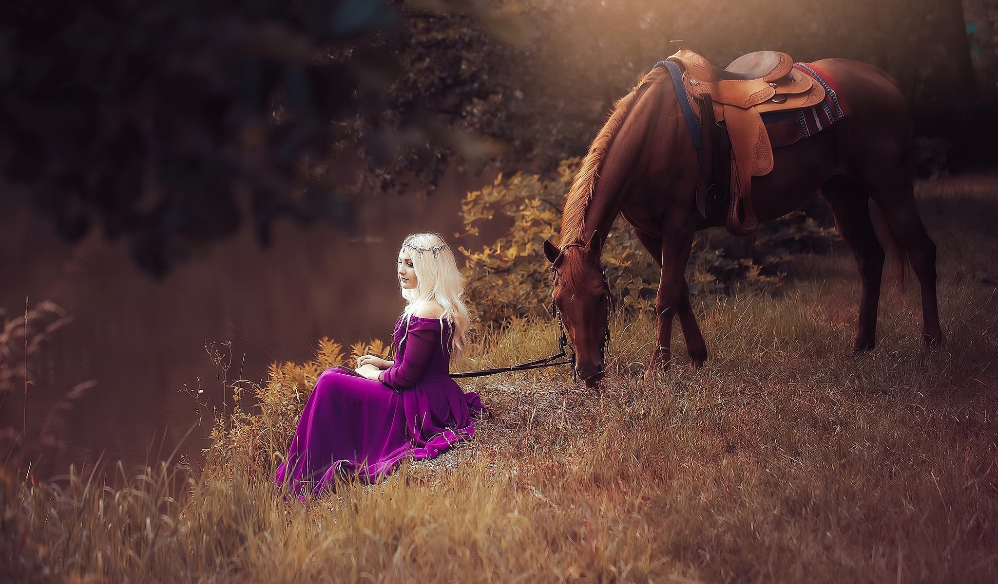 People 2048x1200 women fantasy girl nature horse animals women with horse violet dress