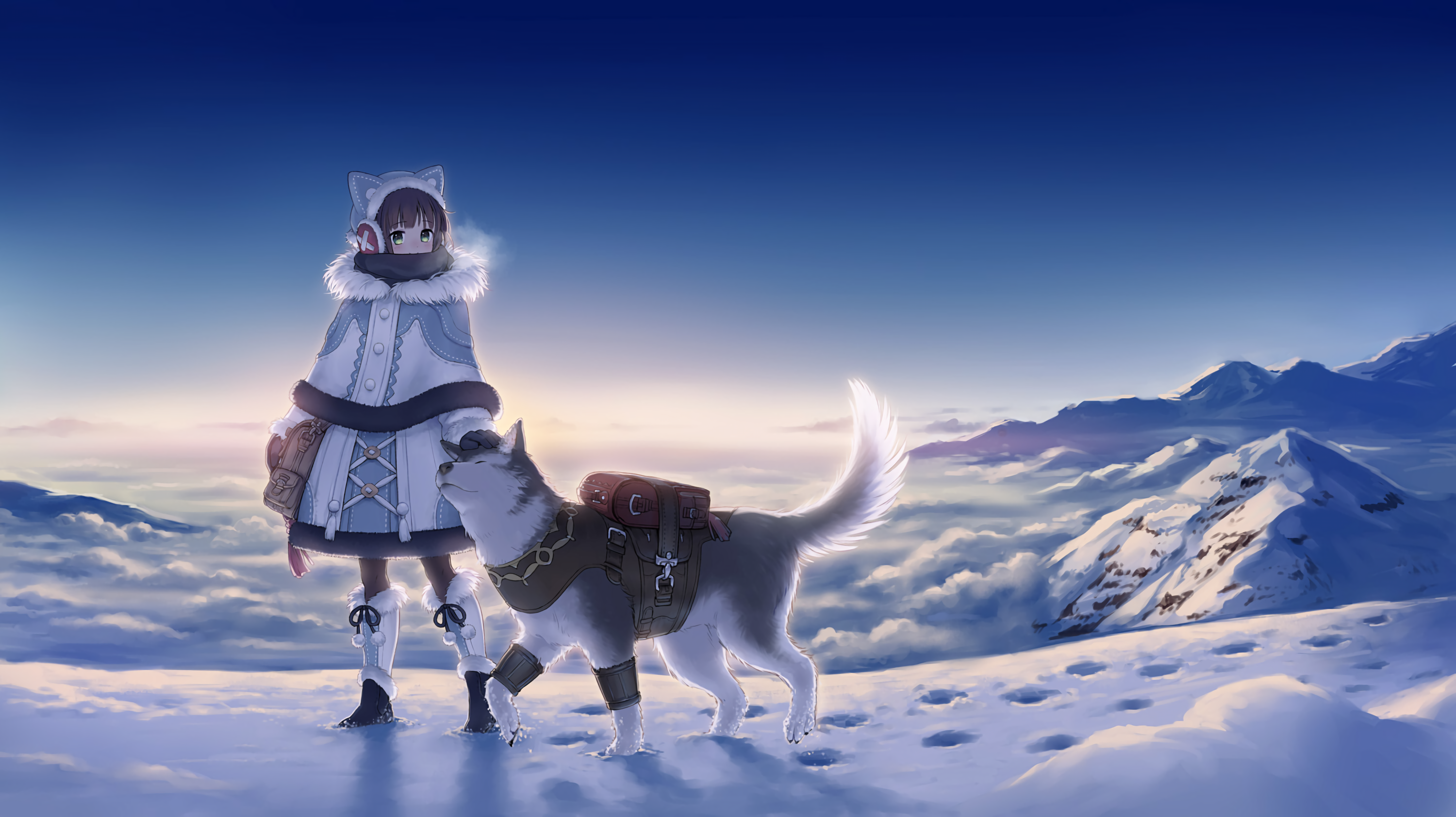 Anime 3000x1684 sky dog snow landscape boots animal ears scarf snowy peak anime anime girls