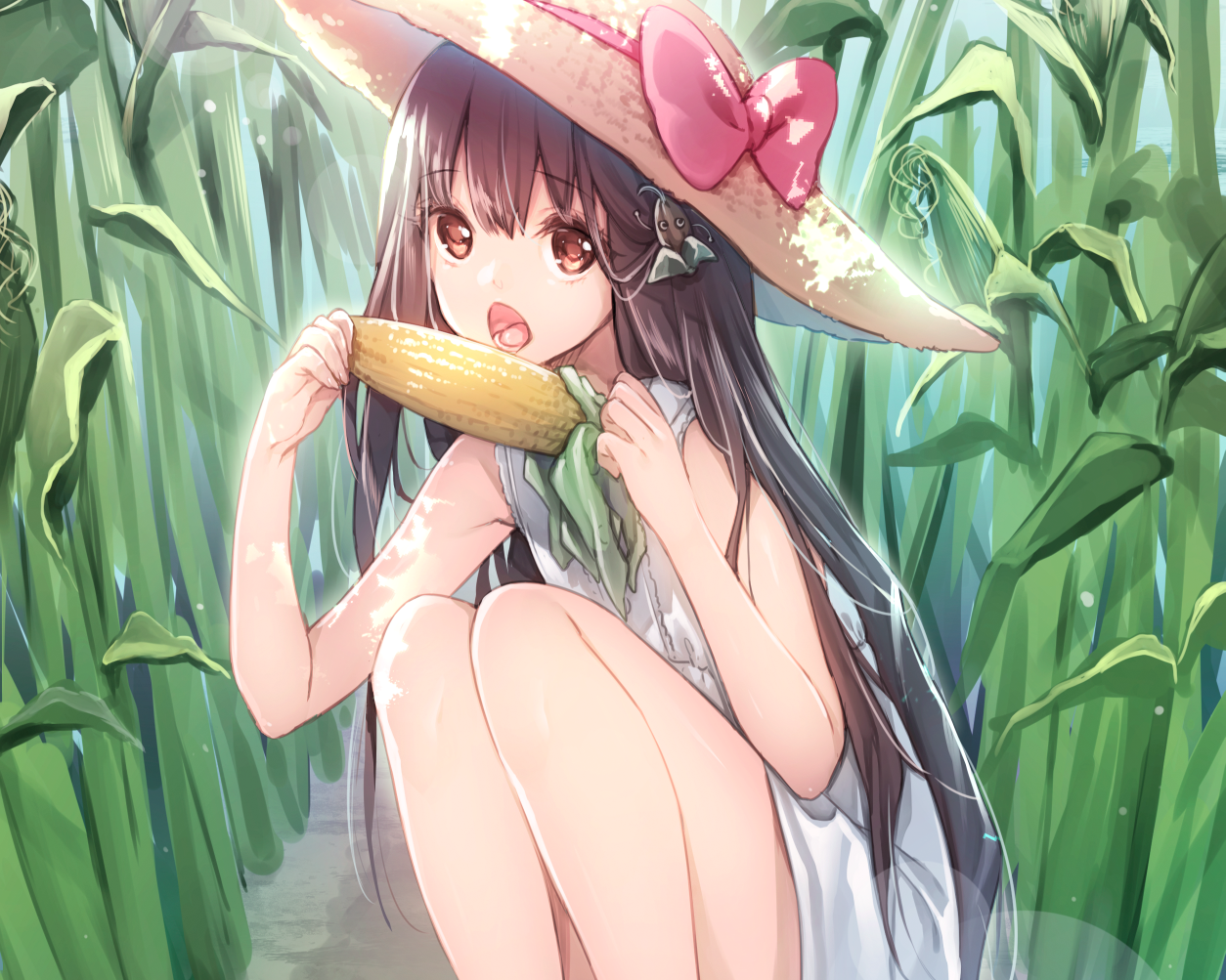 Anime 1254x1003 anime girls long hair hat dark hair corn field food open mouth women with hats knees together thighs anime women outdoors
