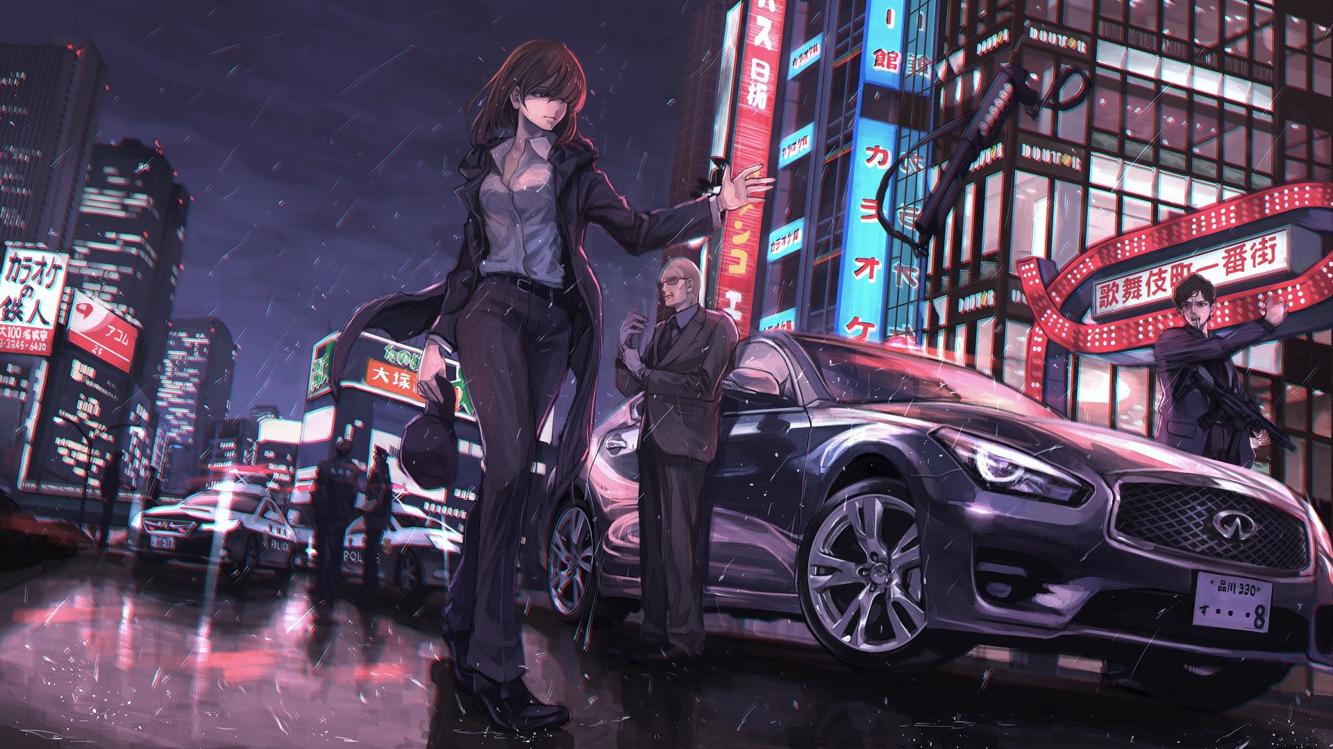 Anime 1920x1080 anime anime girls car rain tie water weapon Pixiv women men black cars brunette machine gun city urban vehicle women with cars