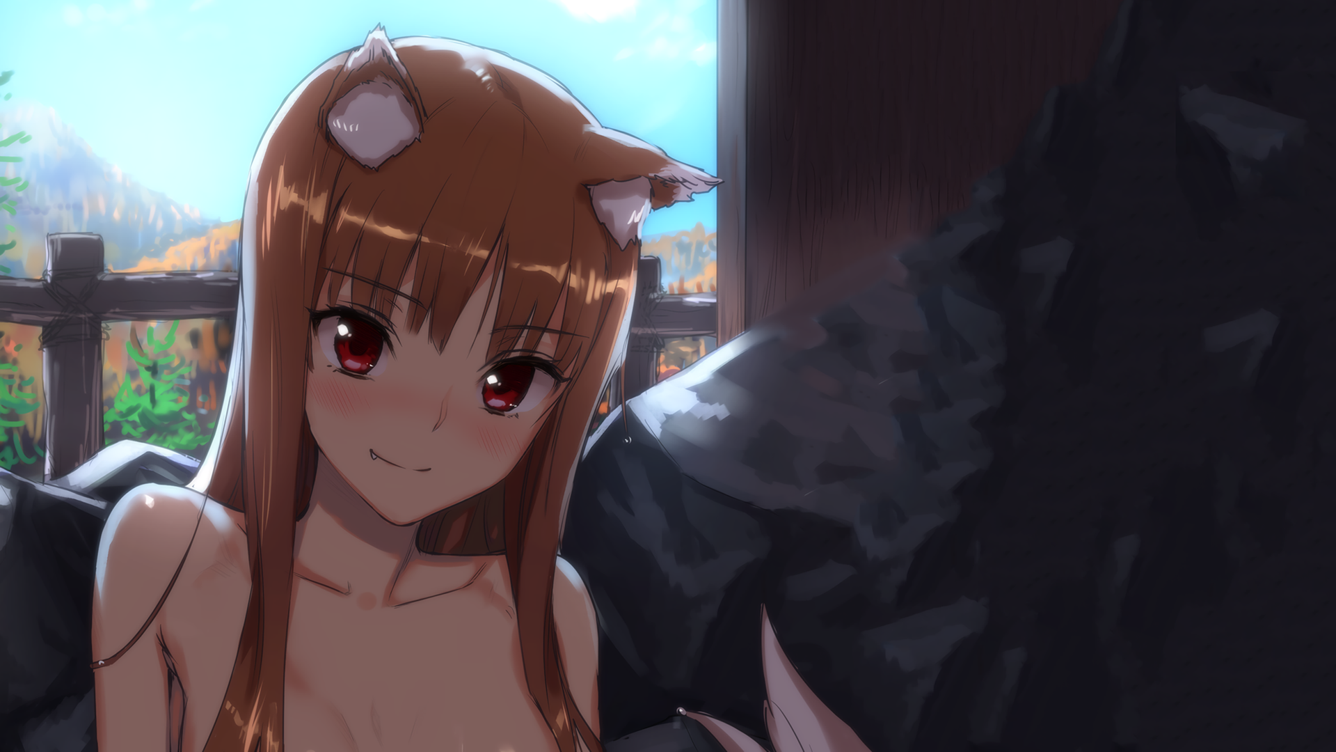 Anime 1920x1080 Spice and Wolf Holo (Spice and Wolf) wolf girls anime girls animal ears brunette red eyes blushing bare shoulders anime long hair looking at viewer implied nude