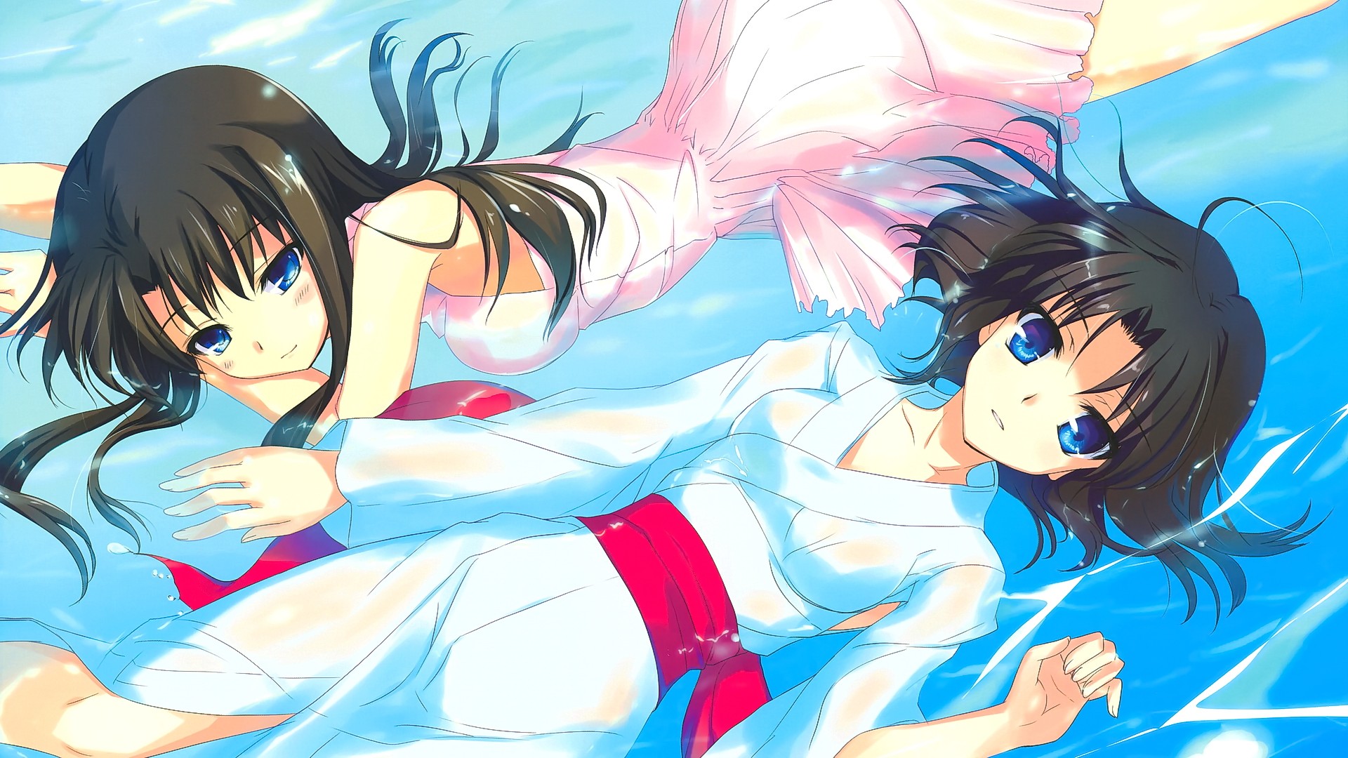 Anime 1920x1080 anime anime girls short hair long hair brunette blue eyes Japanese clothes kimono dress wet body wet clothing looking at viewer two women pink dress