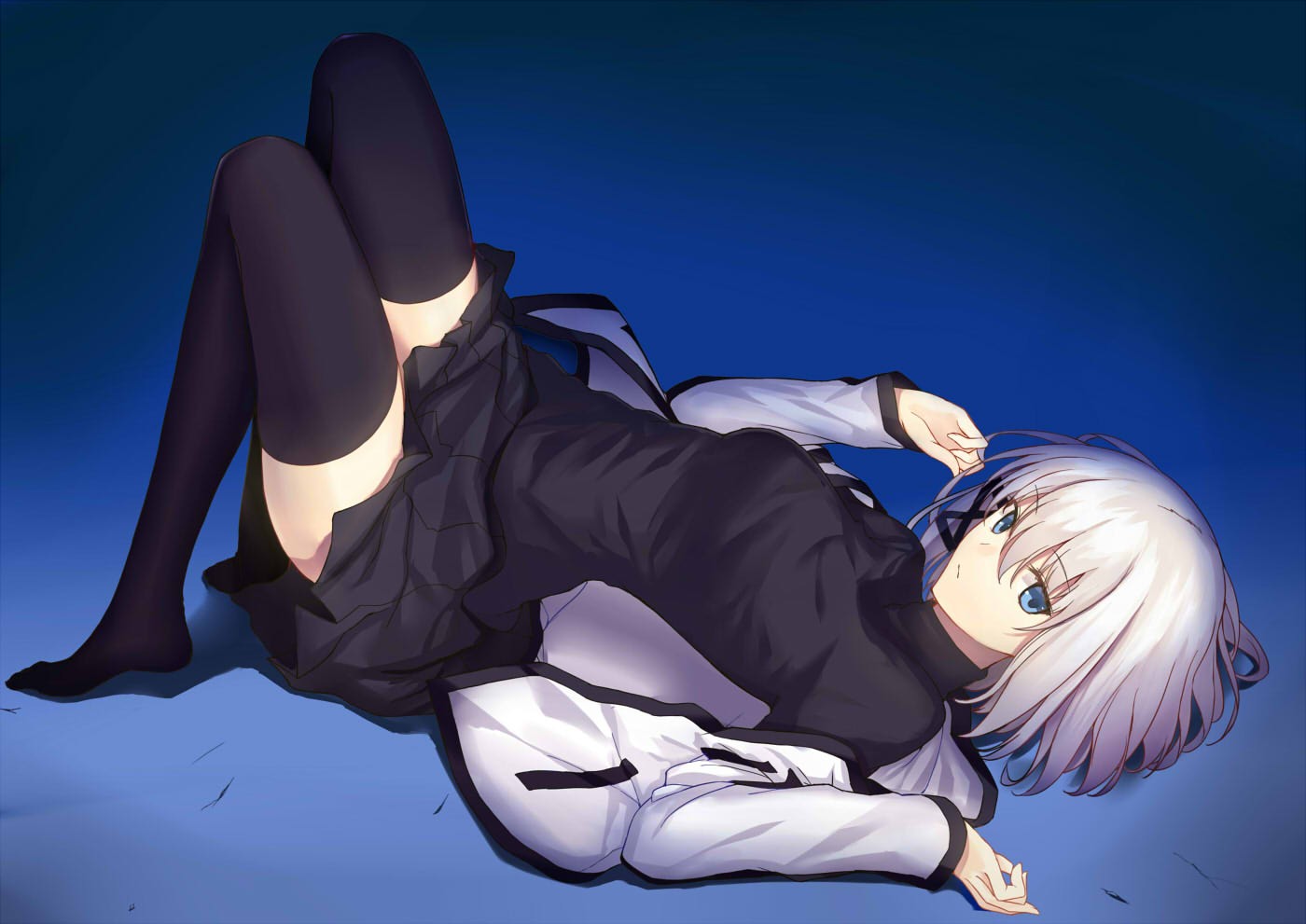 Anime 1400x991 anime anime girls white hair stockings black stockings blue background simple background long hair women thighs together