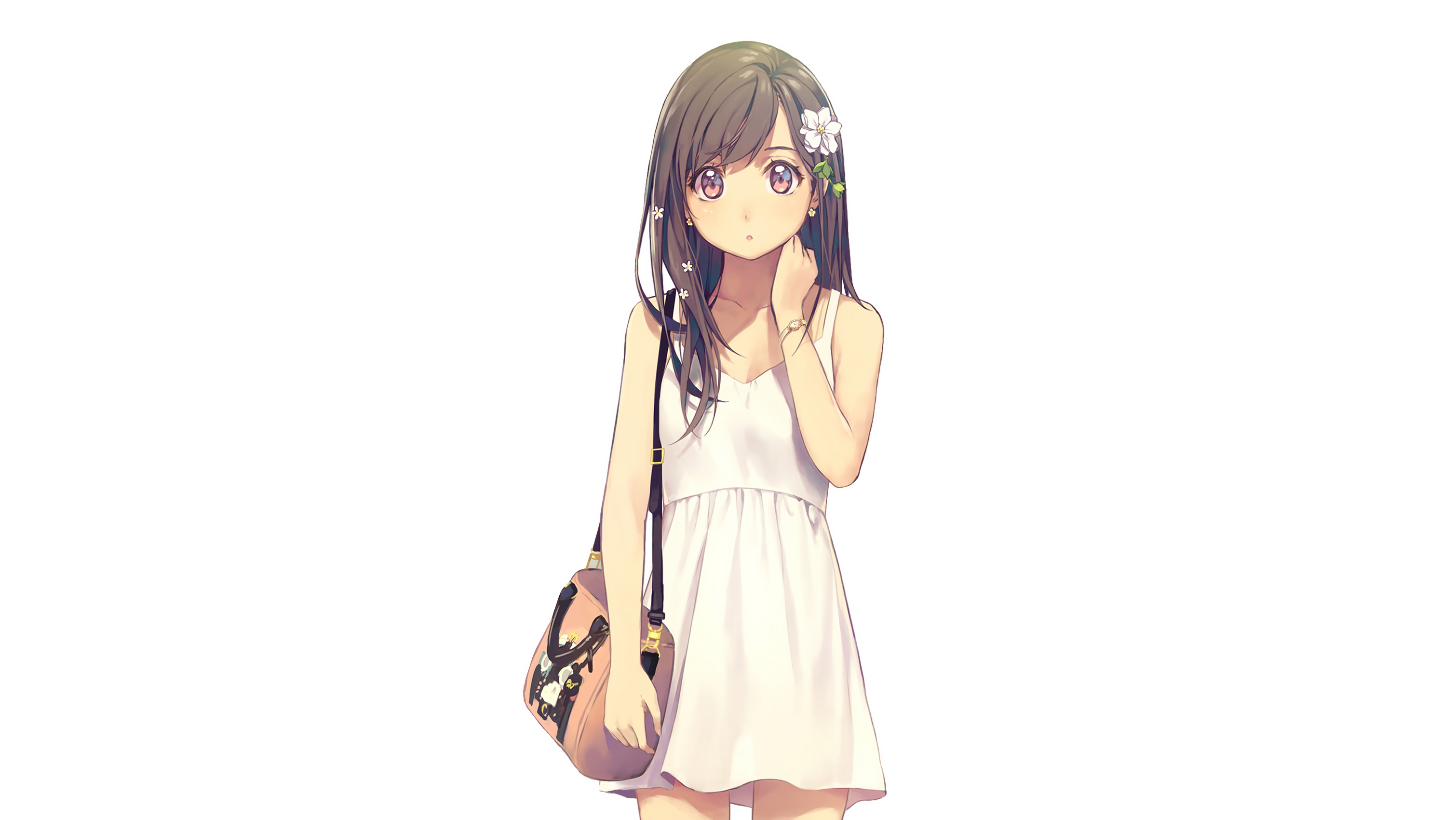 Anime 3020x1700 anime girls brunette long hair dress white dress white background yohan12 sun dress anime simple background flower in hair white clothing standing looking at viewer