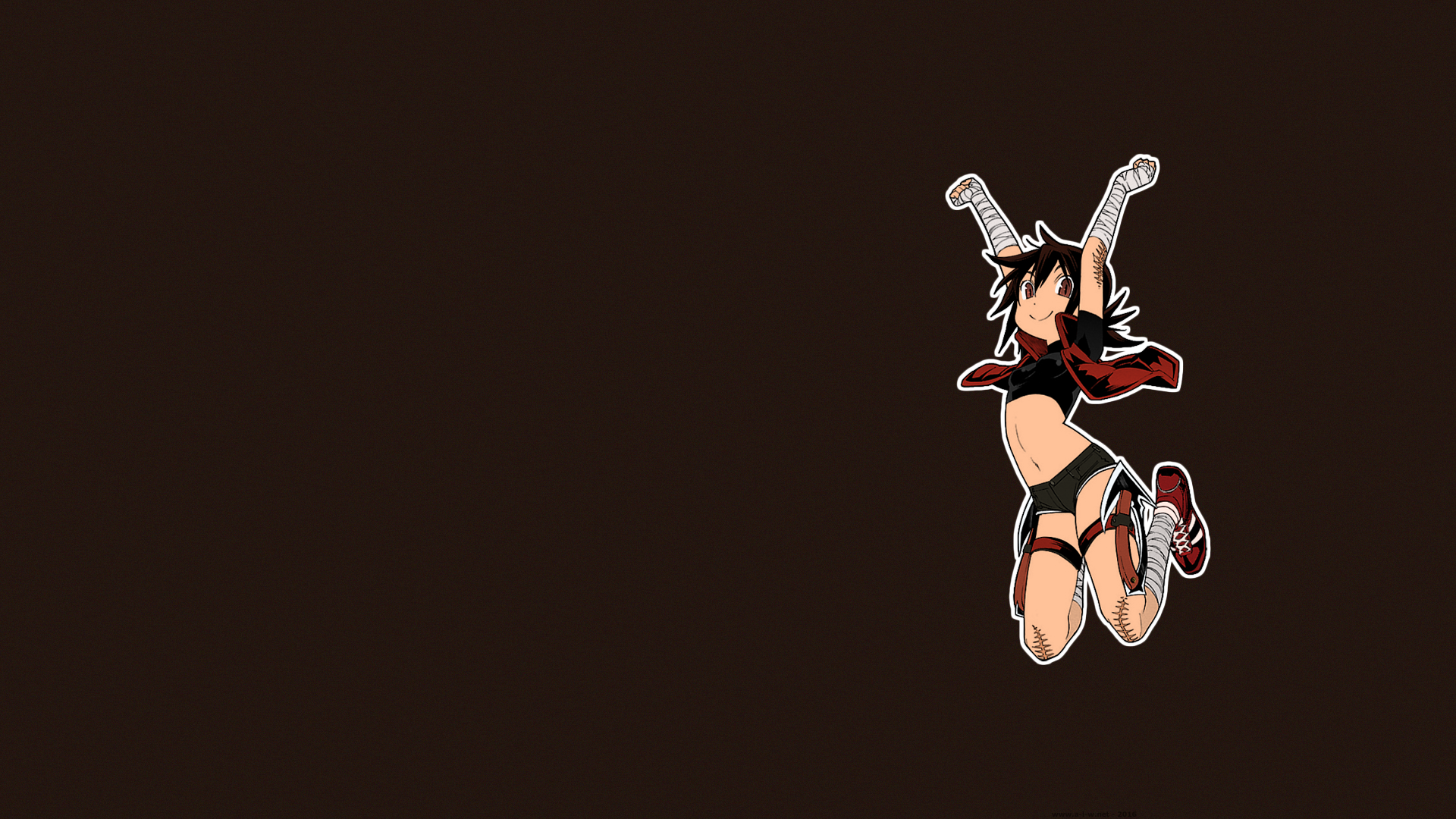 Anime 1920x1080 D.P Shirato Marin tomboys brunette brown eyes short pants weapon battle axe smiling bandages scars anime manga anime girls Trash. short shorts brown background simple background shoulder length hair belly red shoes arms up pants