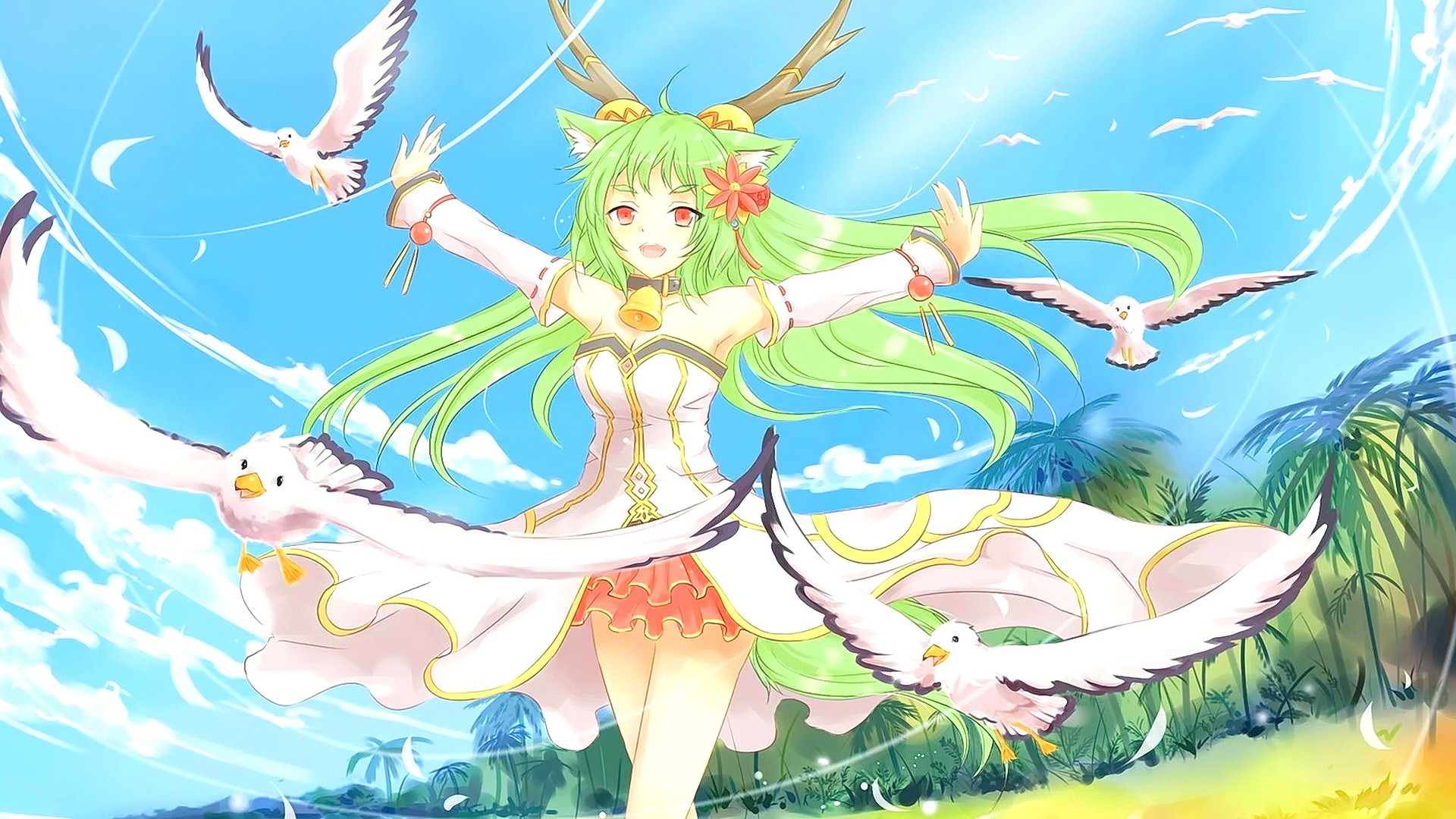 Anime 1920x1080 anime anime girls long hair green hair red eyes animal ears open mouth birds sky clouds looking at viewer cyan fantasy art fantasy girl animals wings antlers