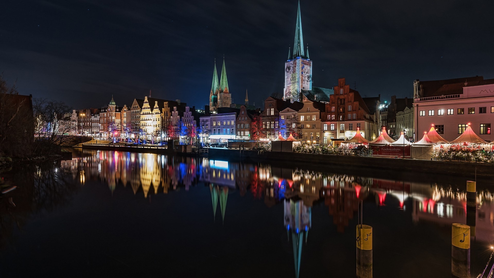 General 1920x1080 architecture city cityscape building Germany river night clouds church house lights markets trees tower long exposure winter reflection street