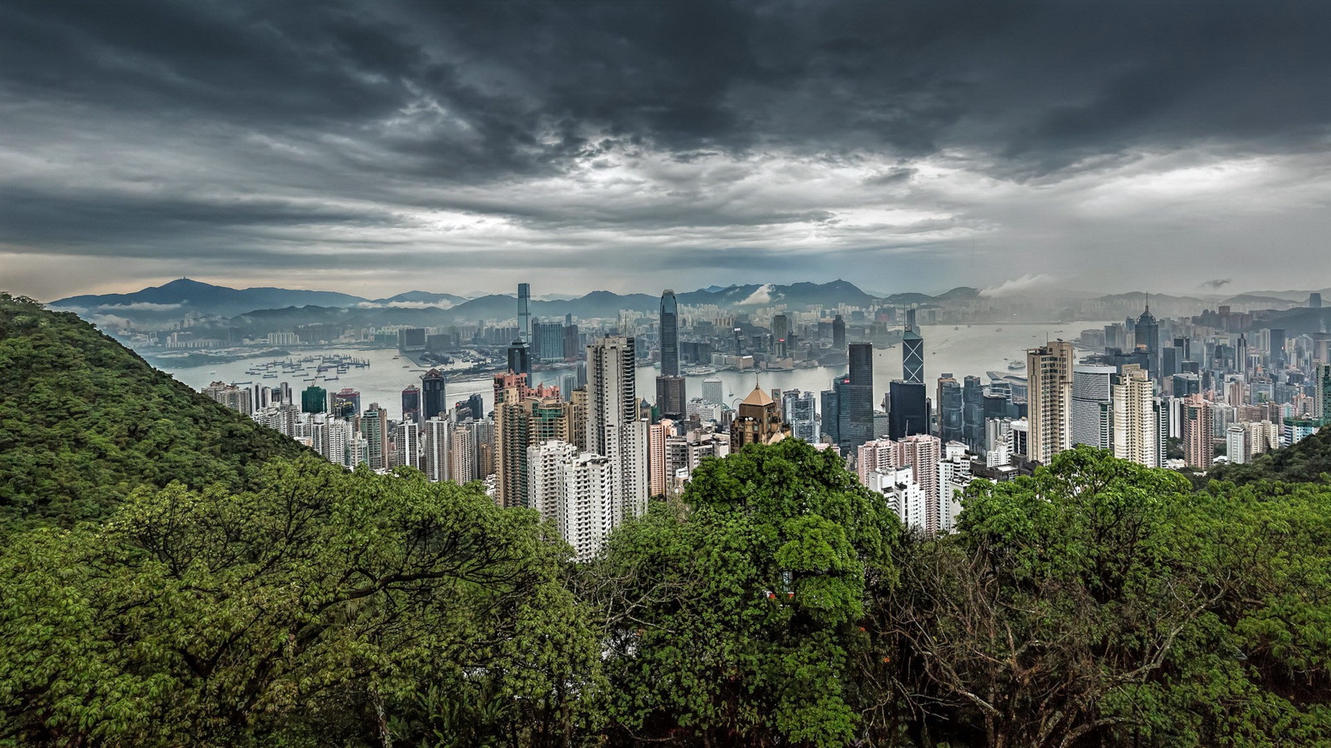 General 1920x1080 Hong Kong cityscape clouds HDR building trees China Asia