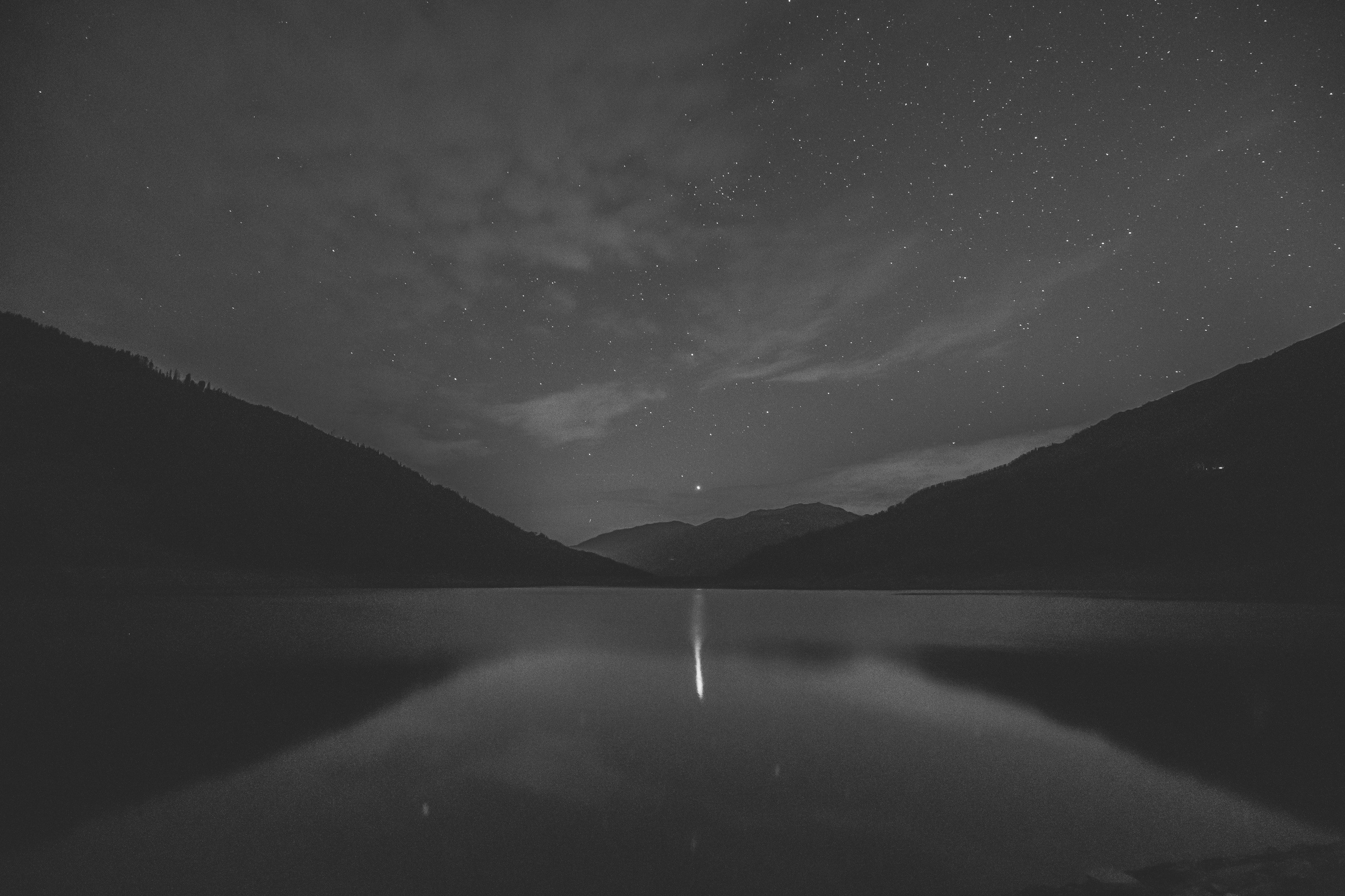 General 3000x2000 nature water moonlight monochrome night stars lake landscape mountains gray night sky sky starry night calm waters reflection
