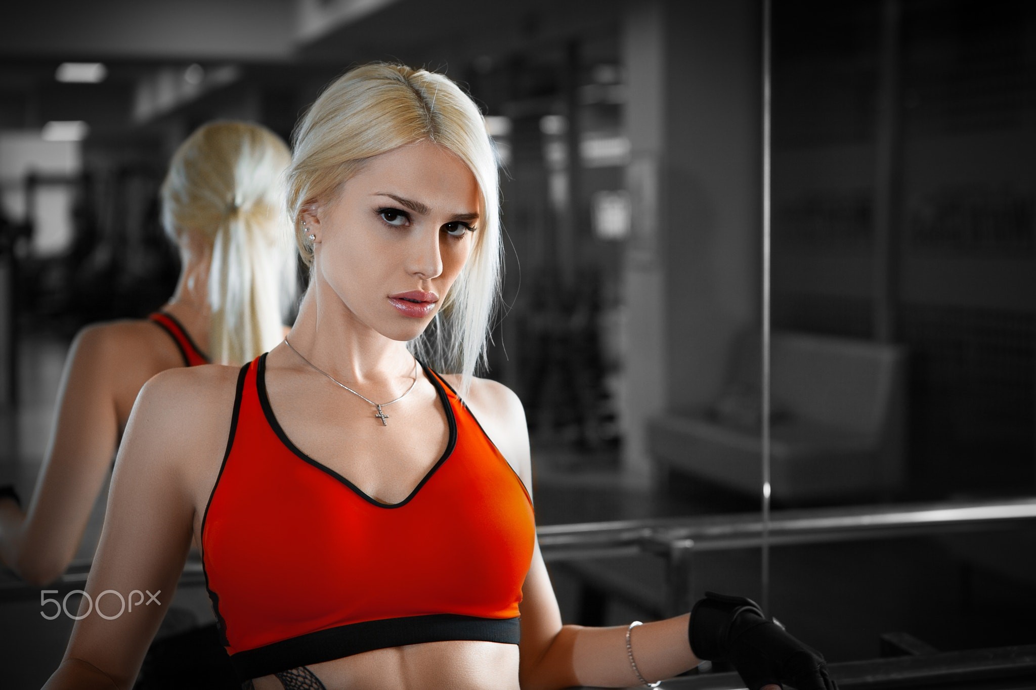 People 2048x1365 women blonde mirror reflection gloves portrait tattoo necklace sportswear sports bra gyms gym clothes fitness model 500px watermarked