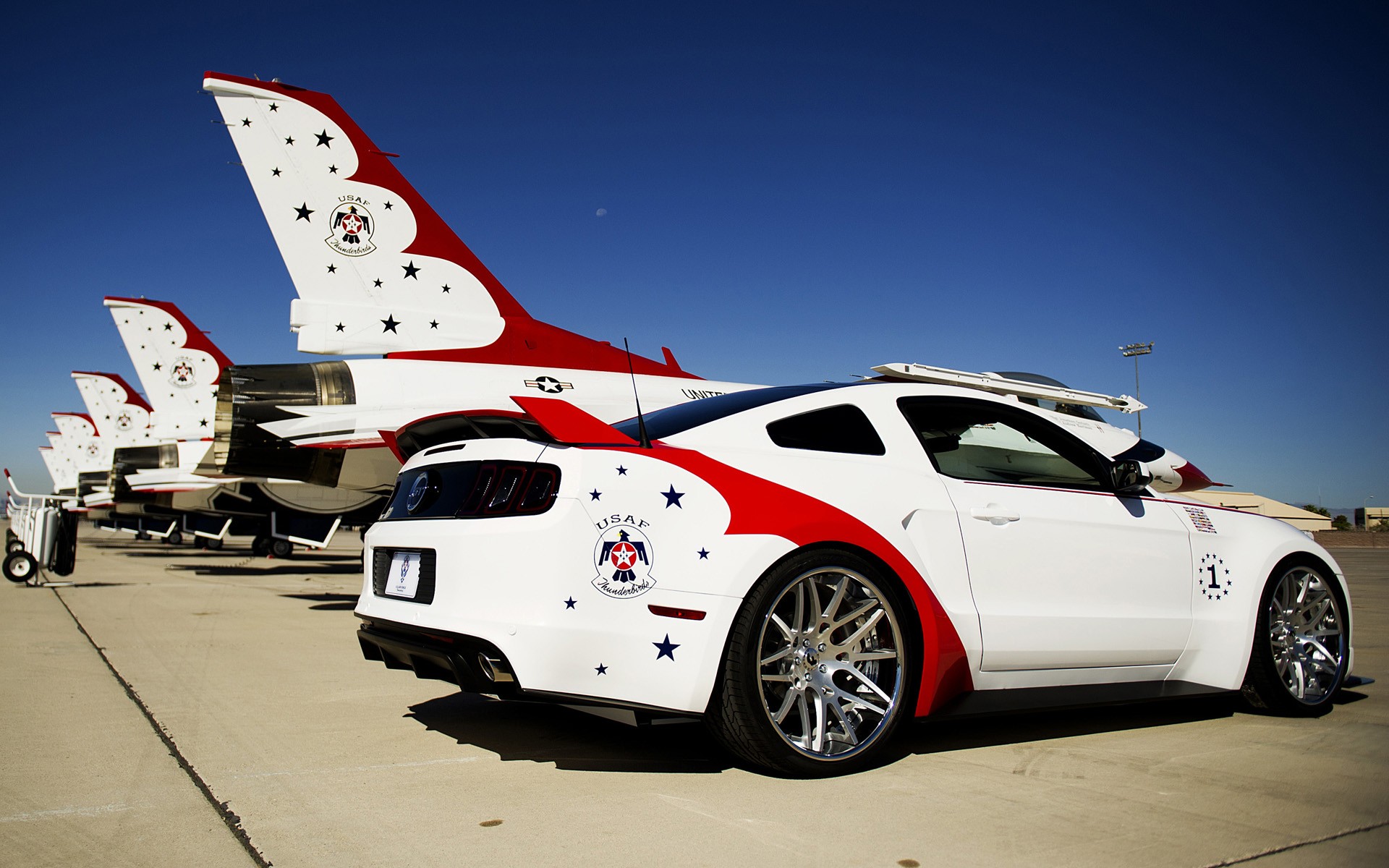 General 1920x1200 car Ford Ford Mustang Ford Mustang GT US AirForce Edition General Dynamics F-16 Fighting Falcon Ford Mustang S-197 II vehicle white cars aircraft military aircraft military vehicle