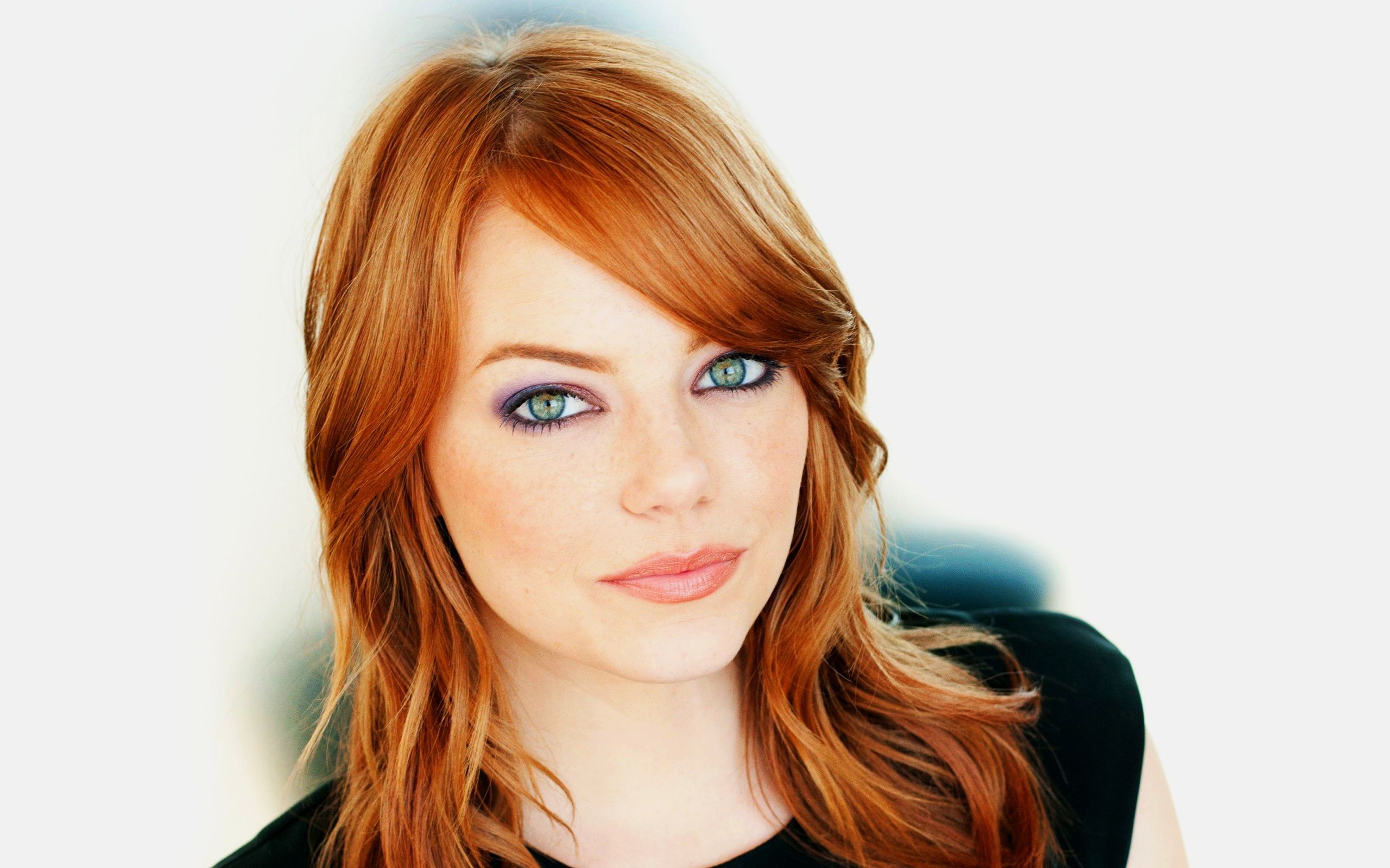 People 2560x1600 women model Emma Stone actress redhead face looking at viewer celebrity American women women indoors indoors makeup dyed hair long hair closeup portrait studio