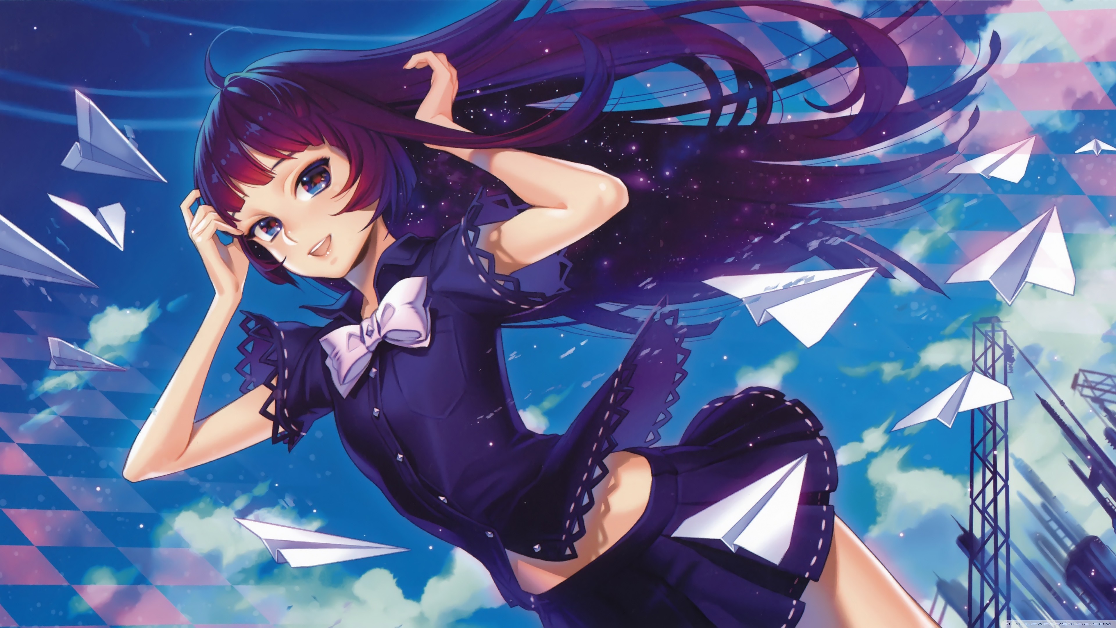 Anime 3840x2160 anime anime girls purple hair long hair paper planes miniskirt happy skirt open mouth sky