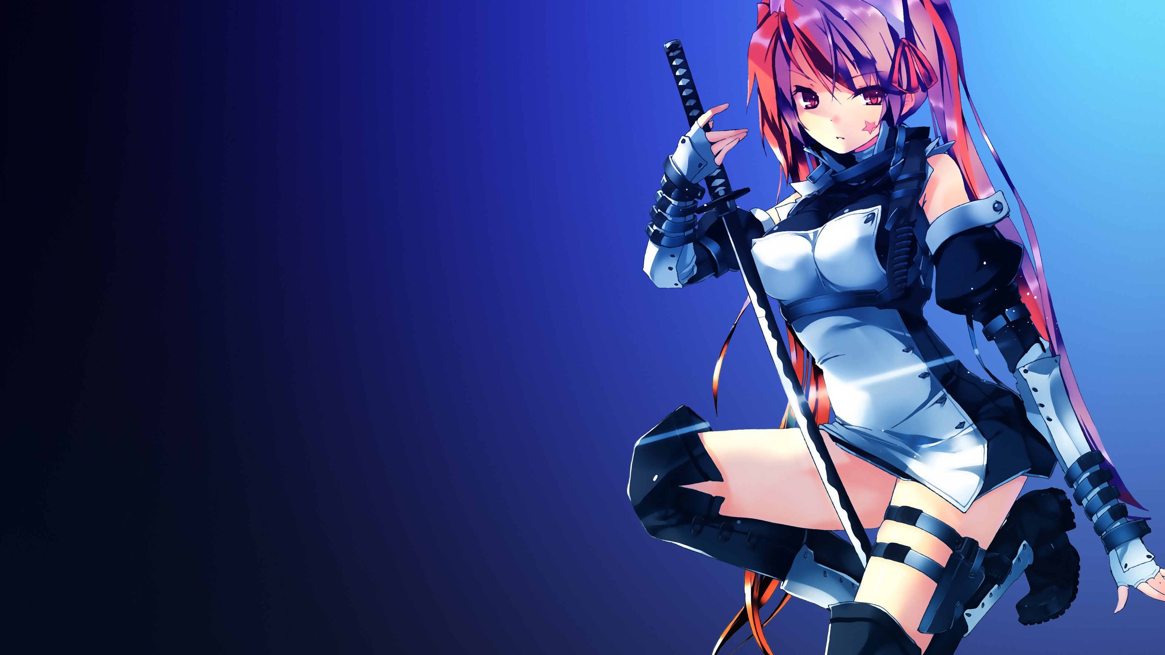 Anime 3840x2160 anime anime girls blue background sword thighs gradient simple background girls with guns women with swords long hair redhead looking at viewer kneeling katana