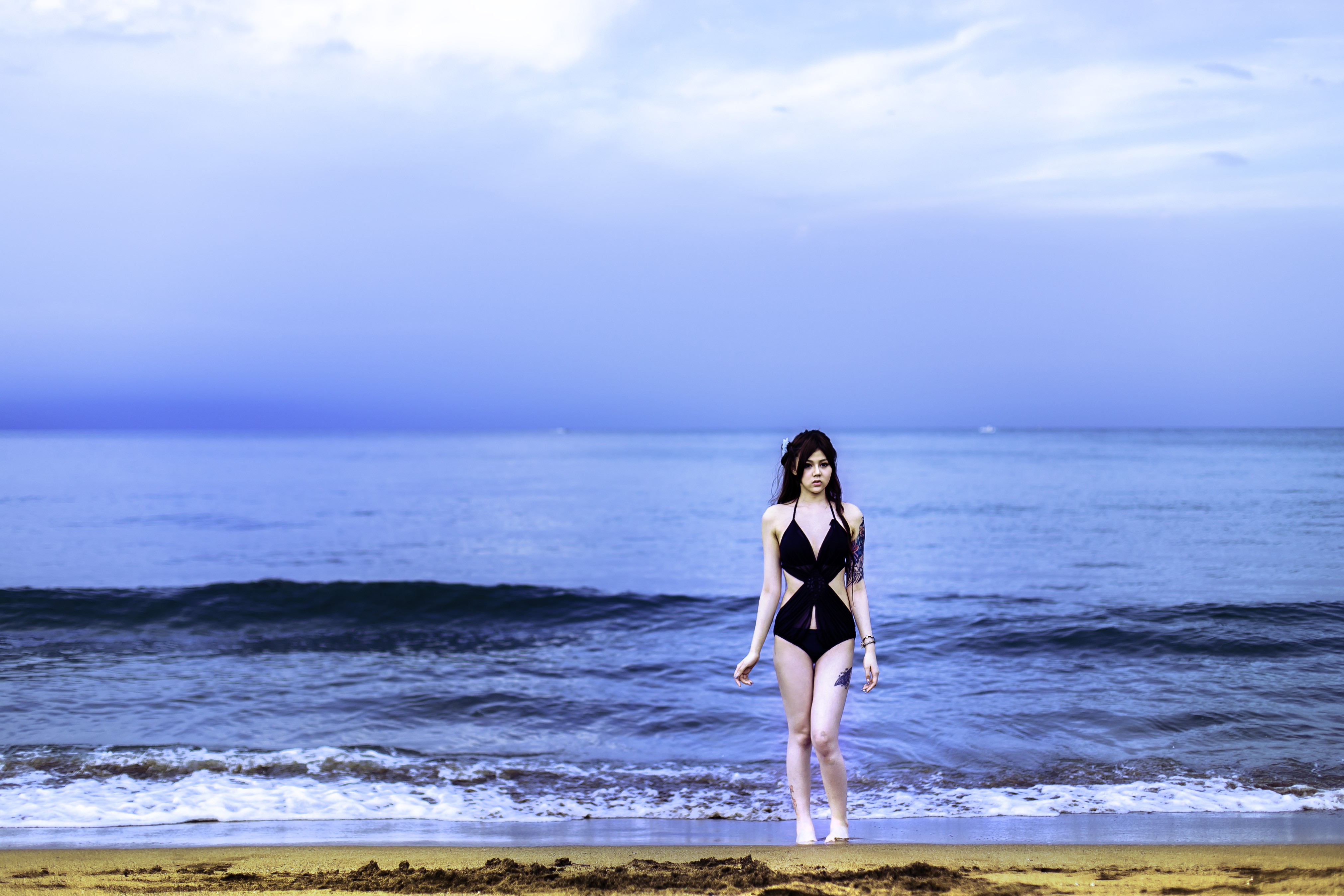 People 4043x2695 one-piece swimsuit swimwear tattoo outdoors sea beach women