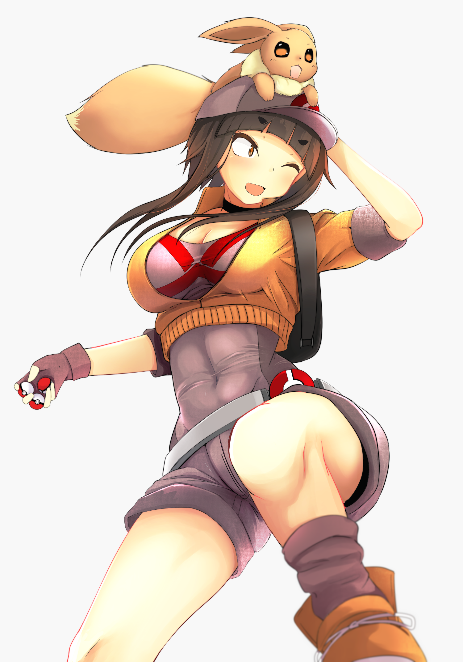 Anime 1500x2143 anime anime girls long hair open shirt Eevee Pokémon Pokemon Go Pokémon trainers crotch floss boobs white background simple background hat women with hats one eye closed