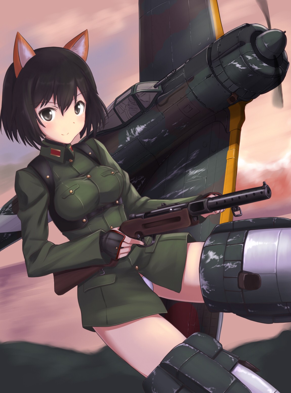 Anime 1150x1550 anime anime girls Strike Witches aircraft short hair brunette animal ears uniform weapon gun Miyafuji Yoshika
