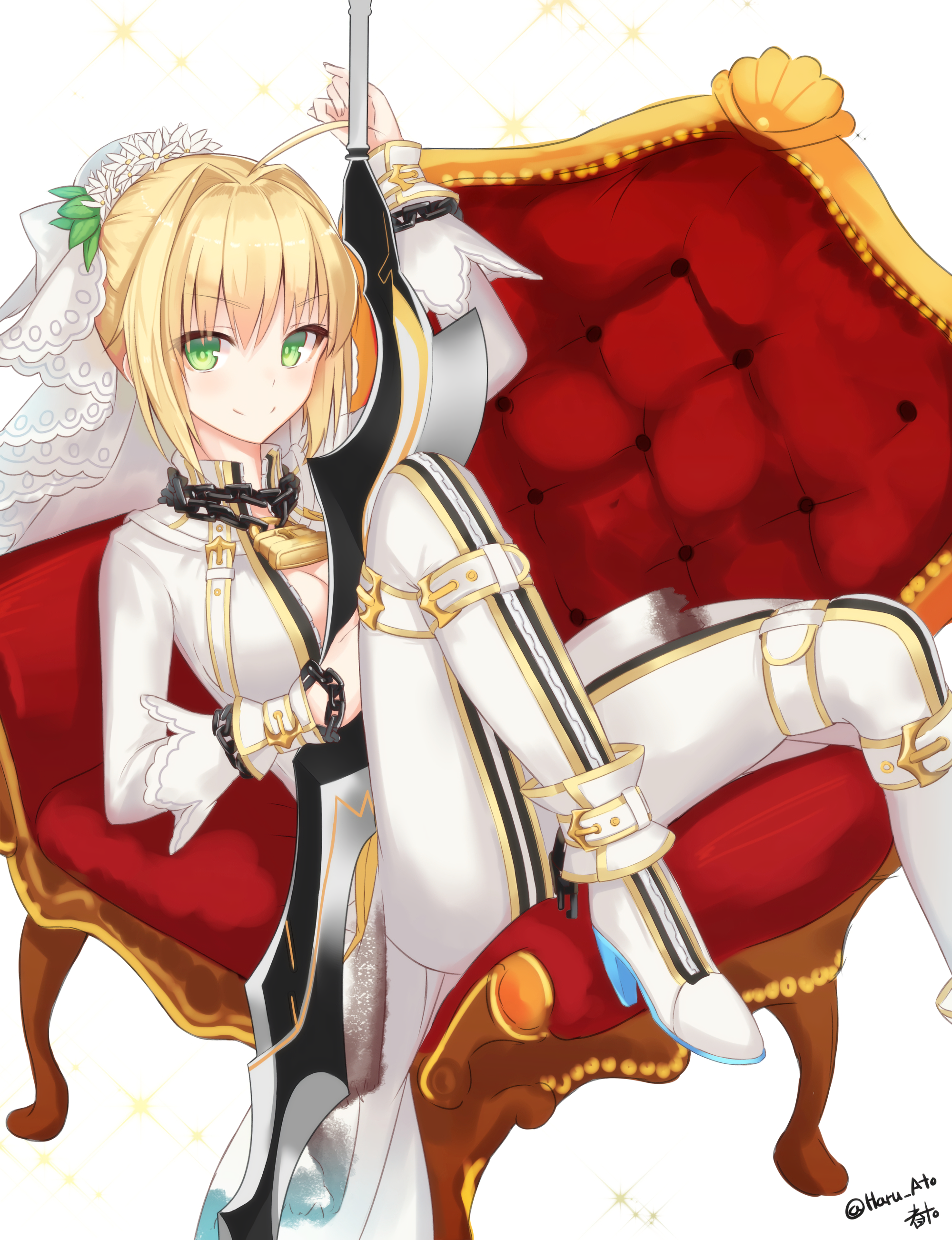 Anime 2000x2604 anime anime girls Saber Bride Fate/Extra CCC Fate/Grand Order bodysuit open shirt short hair blonde green eyes weapon Nero Claudius Fate series