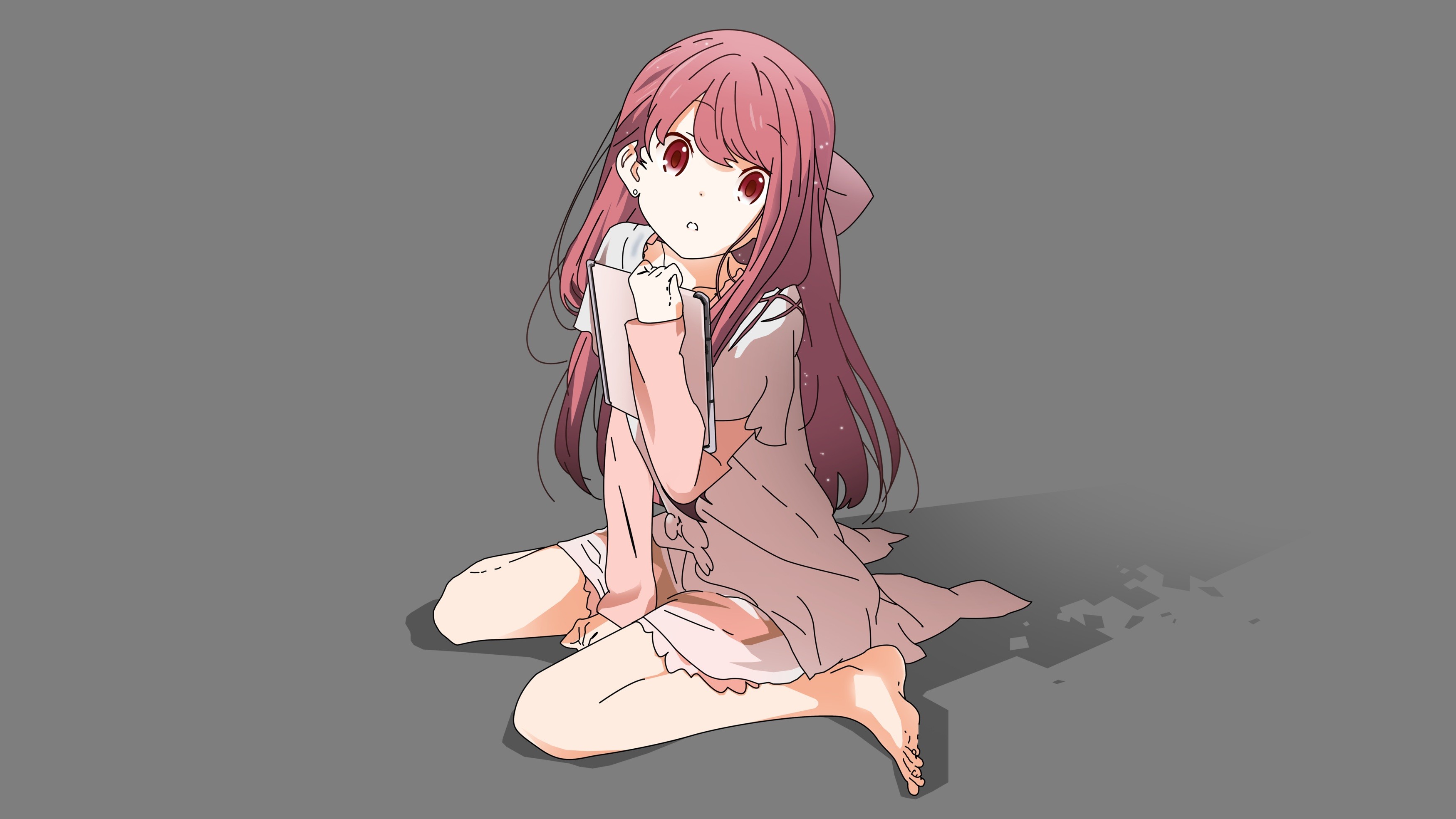 Anime 3500x1969 anime anime girls shelter Rin (Shelter) barefoot dress long hair pink hair red eyes tablet  gray background