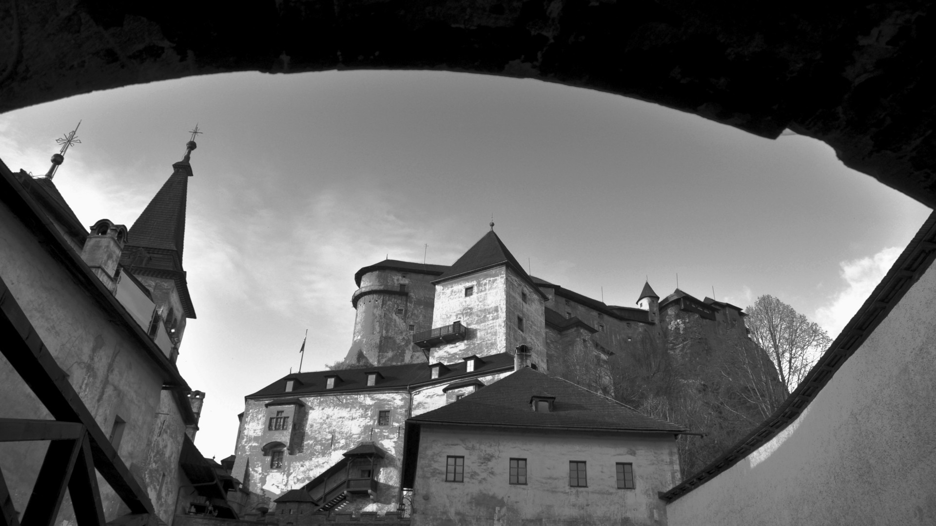 General 1920x1080 architecture castle ancient tower Slovakia monochrome clouds arch