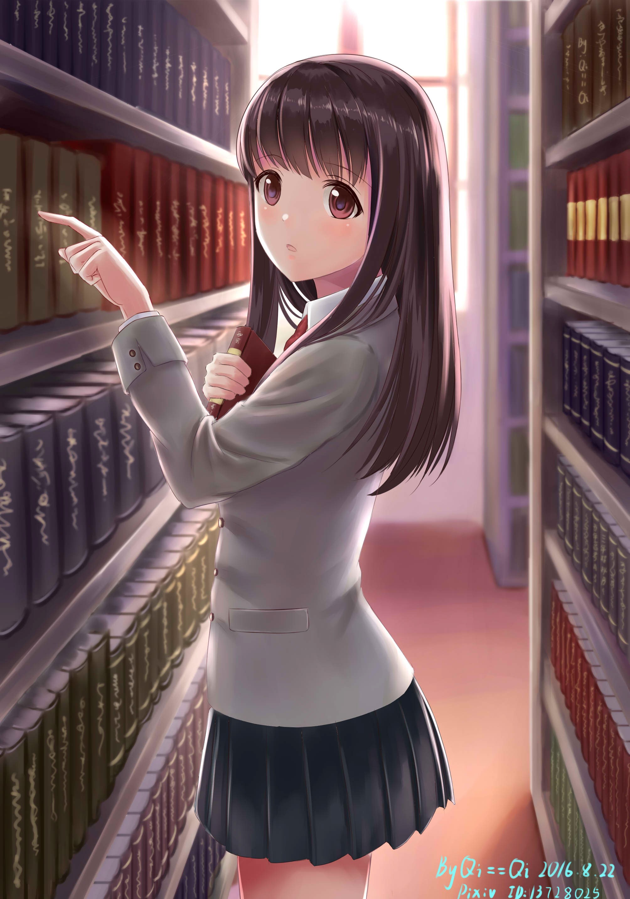 Anime 2008x2864 anime anime girls long hair brunette brown eyes library books skirt