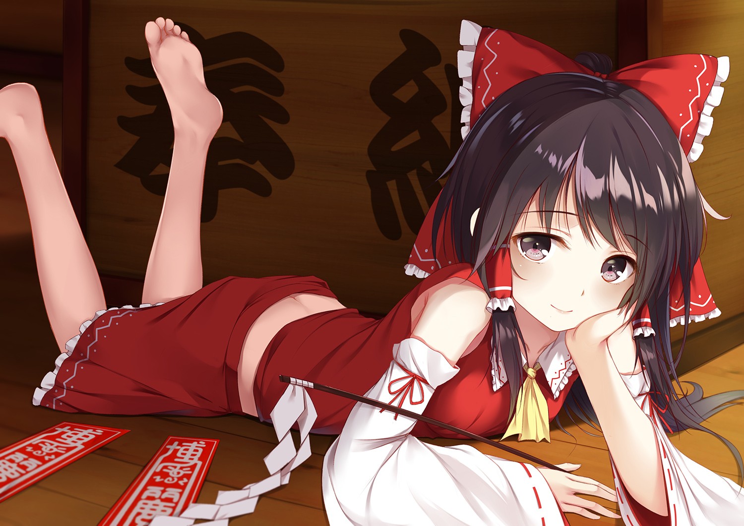 Anime 1500x1061 Christmas Hakurei Reimu Japanese clothes Touhou barefoot brunette headdress lying on front feet in the air smiling anime anime girls Pixiv red clothing ass