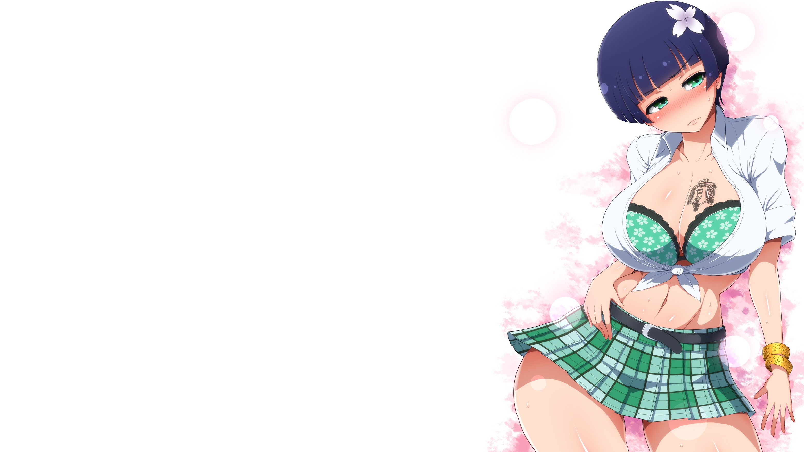 Anime 3118x1754 white background simple background boobs blushing blue hair bra cleavage flowers green eyes belly button school uniform Senran Kagura underwear Yozakura
