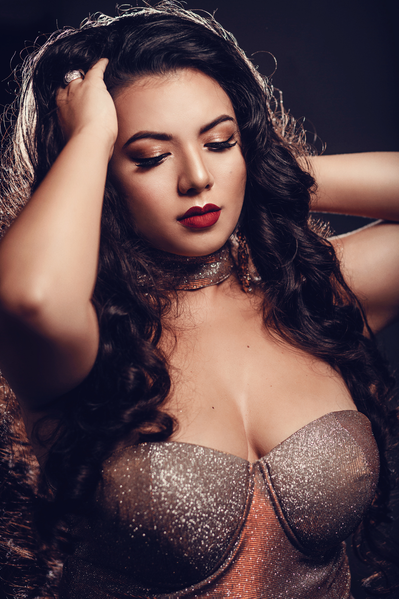 People 1365x2048 women model brunette long hair portrait display cleavage red lipstick fake eyelashes hand(s) in hair choker simple background rings