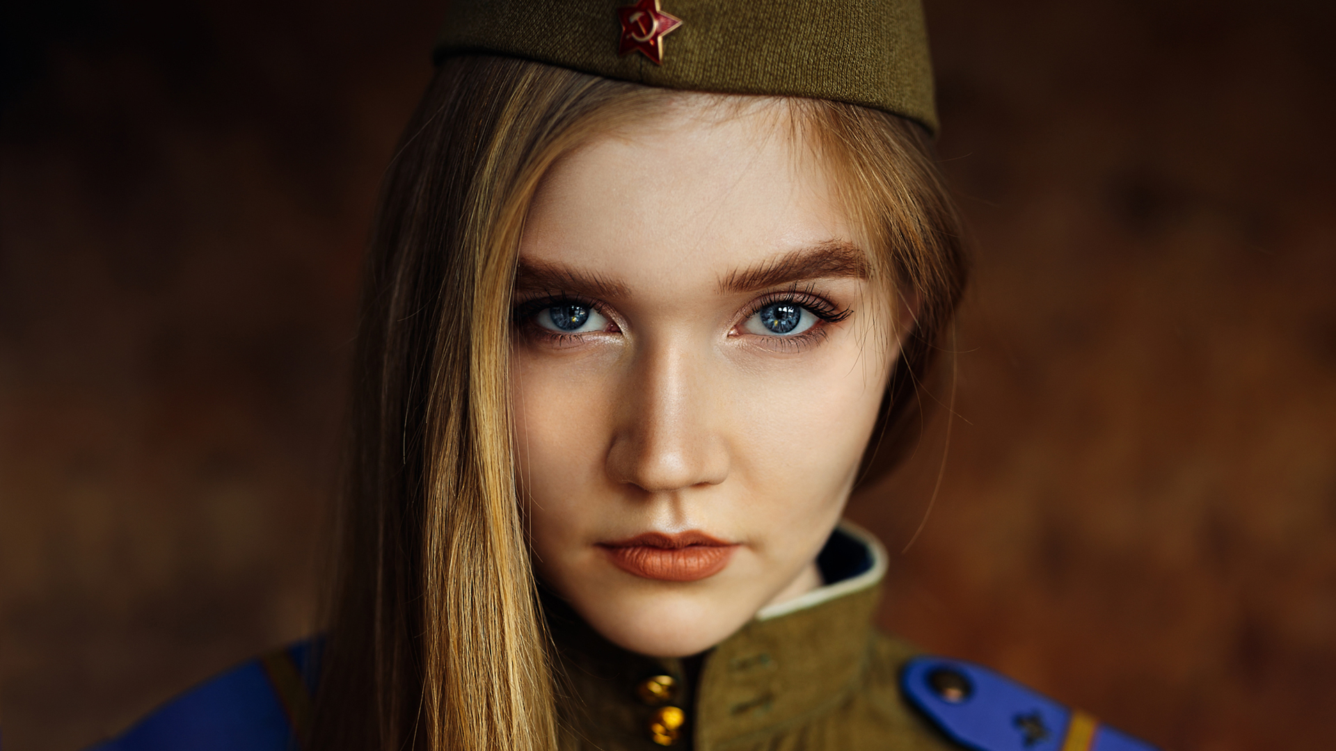 People 1920x1080 women blonde face portrait blue eyes hammer and sickle USSR uniform red star