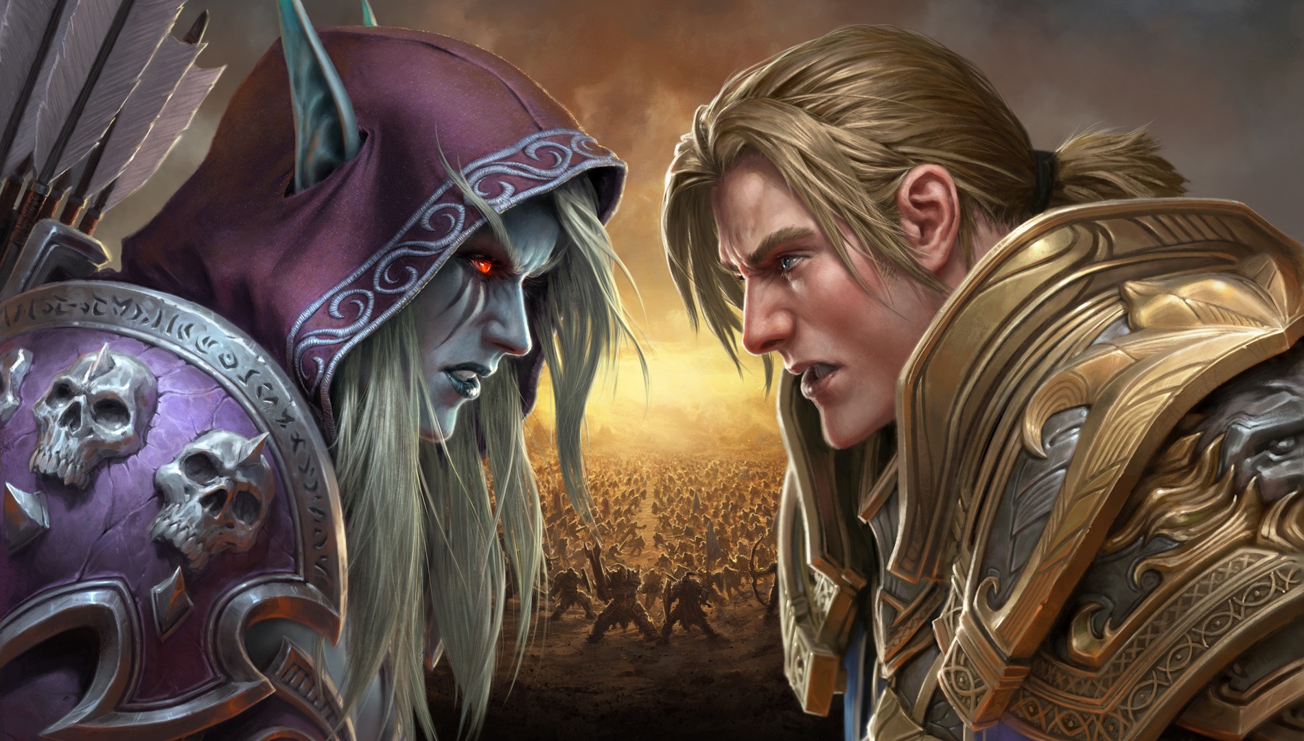 General 1900x1080 digital art artwork video games Warcraft World of Warcraft World of Warcraft: Battle for Azeroth Sylvanas Windrunner Anduin Wrynn blonde elven white hair red eyes long hair