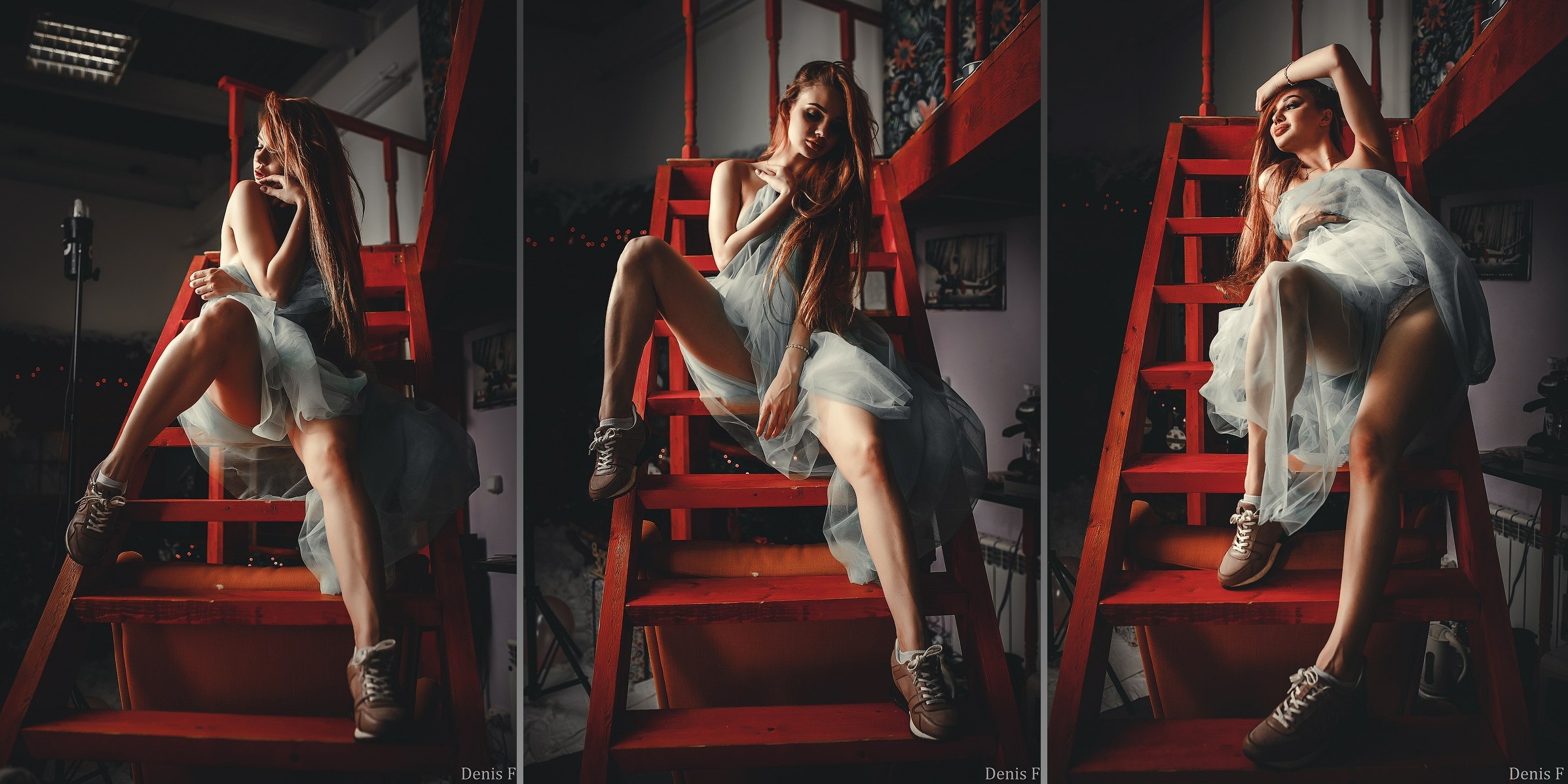 People 2394x1198 collage dark women model Denis Fustachenko stairs red legs