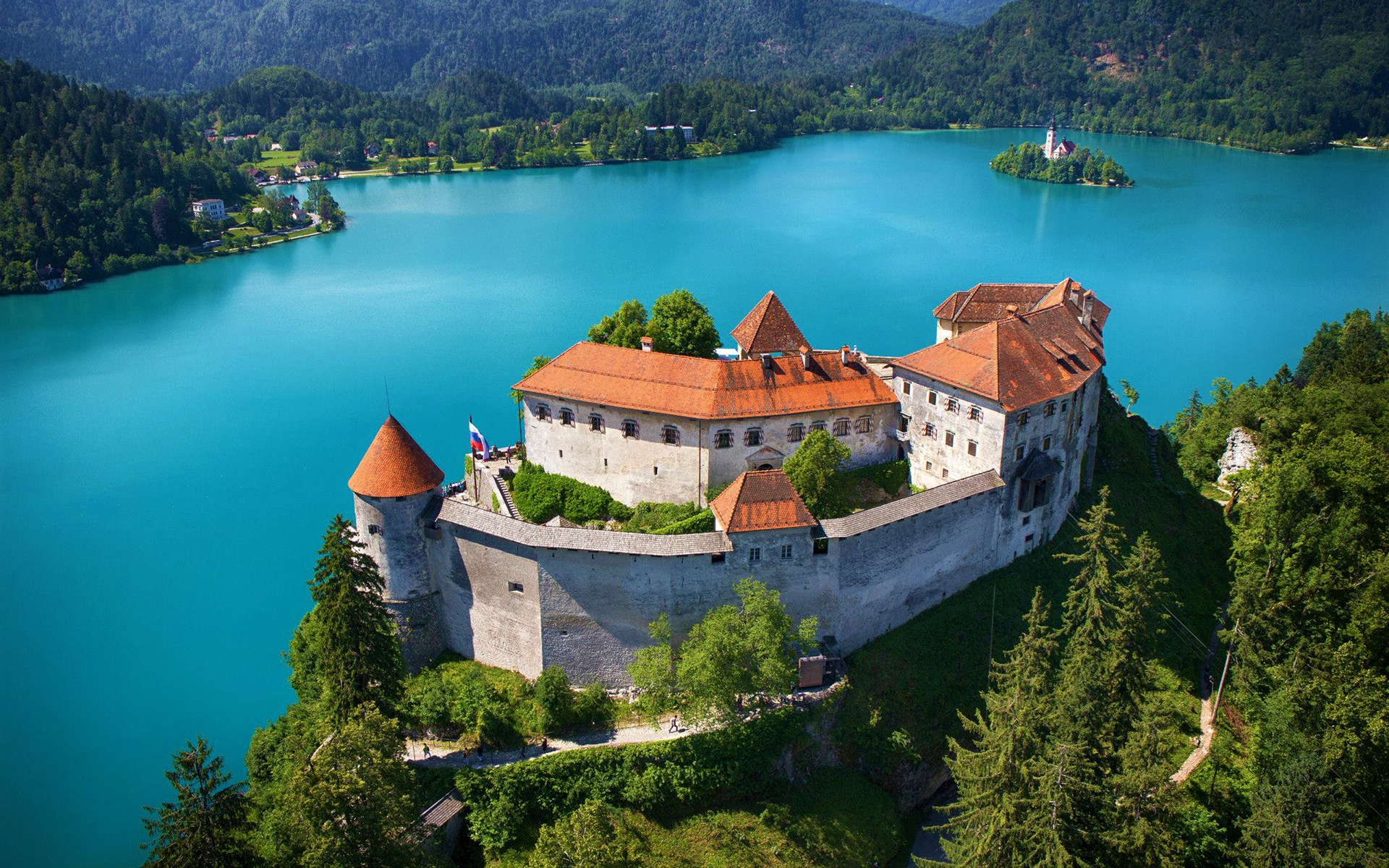General 1920x1200 nature landscape water trees lake Slovenia castle island church forest ancient hills Lake Bled