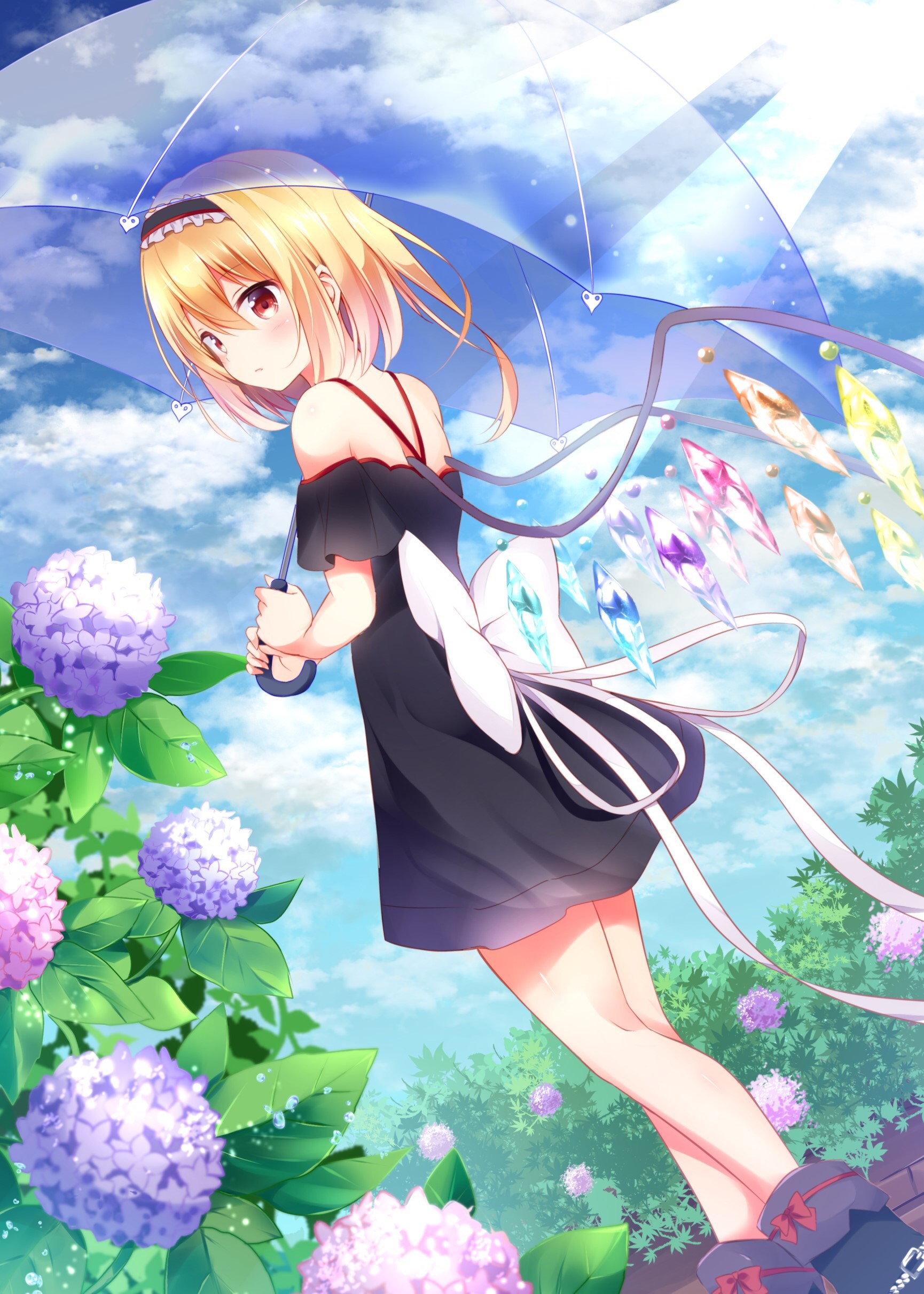 Anime 1730x2422 anime anime girls Touhou Flandre Scarlet dress umbrella wings short hair blonde red eyes flowers