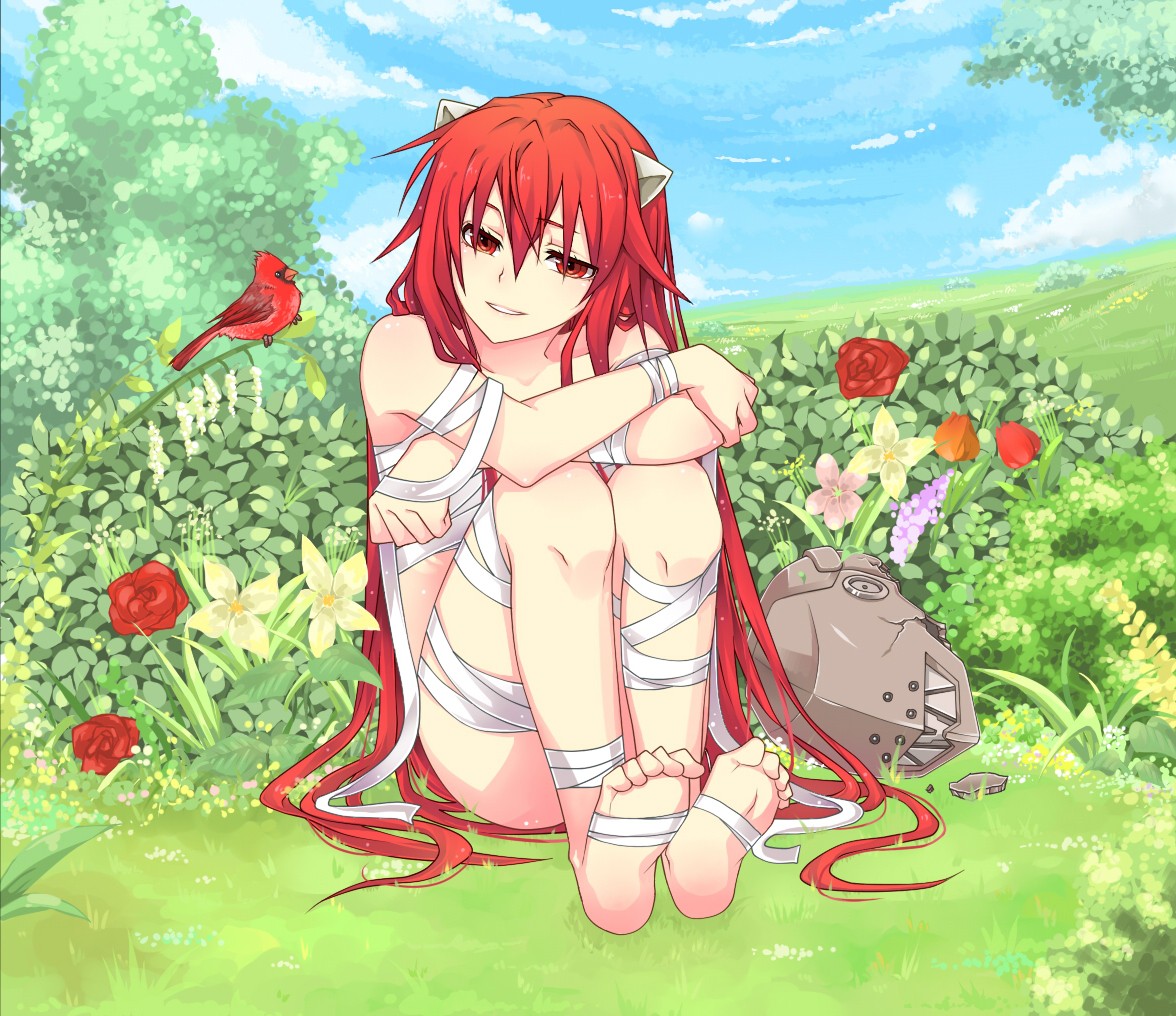 Anime 1176x1016 anime Elfen Lied anime girls Nyu redhead red eyes feet holding knees wrapped bandages