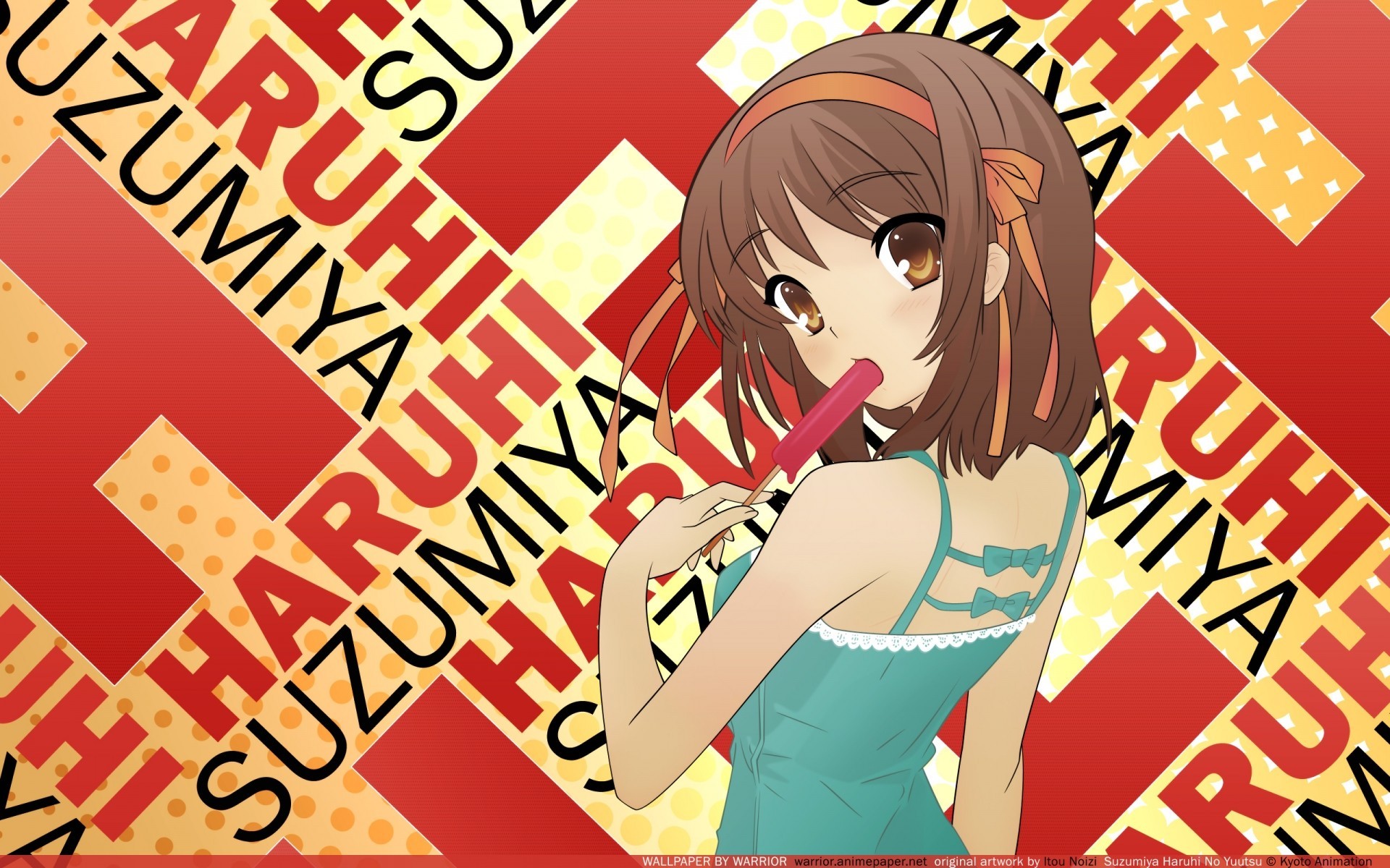 Anime 1920x1200 anime The Melancholy of Haruhi Suzumiya anime girls popsicle brown eyes back brunette sweets food looking at viewer Itou Noiji Kyoto anime