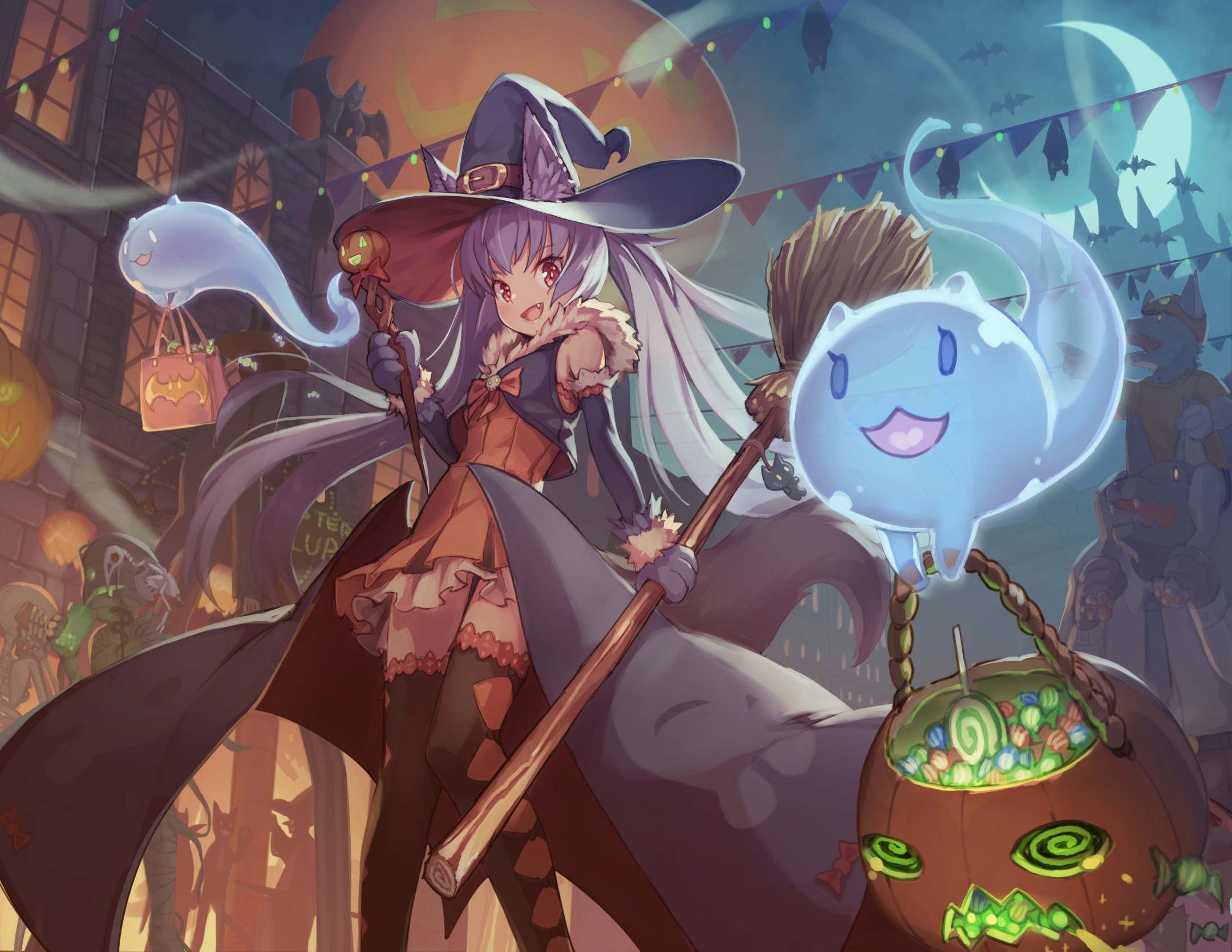 Anime 2160x1669 Halloween ghost anime girls witch witch hat anime