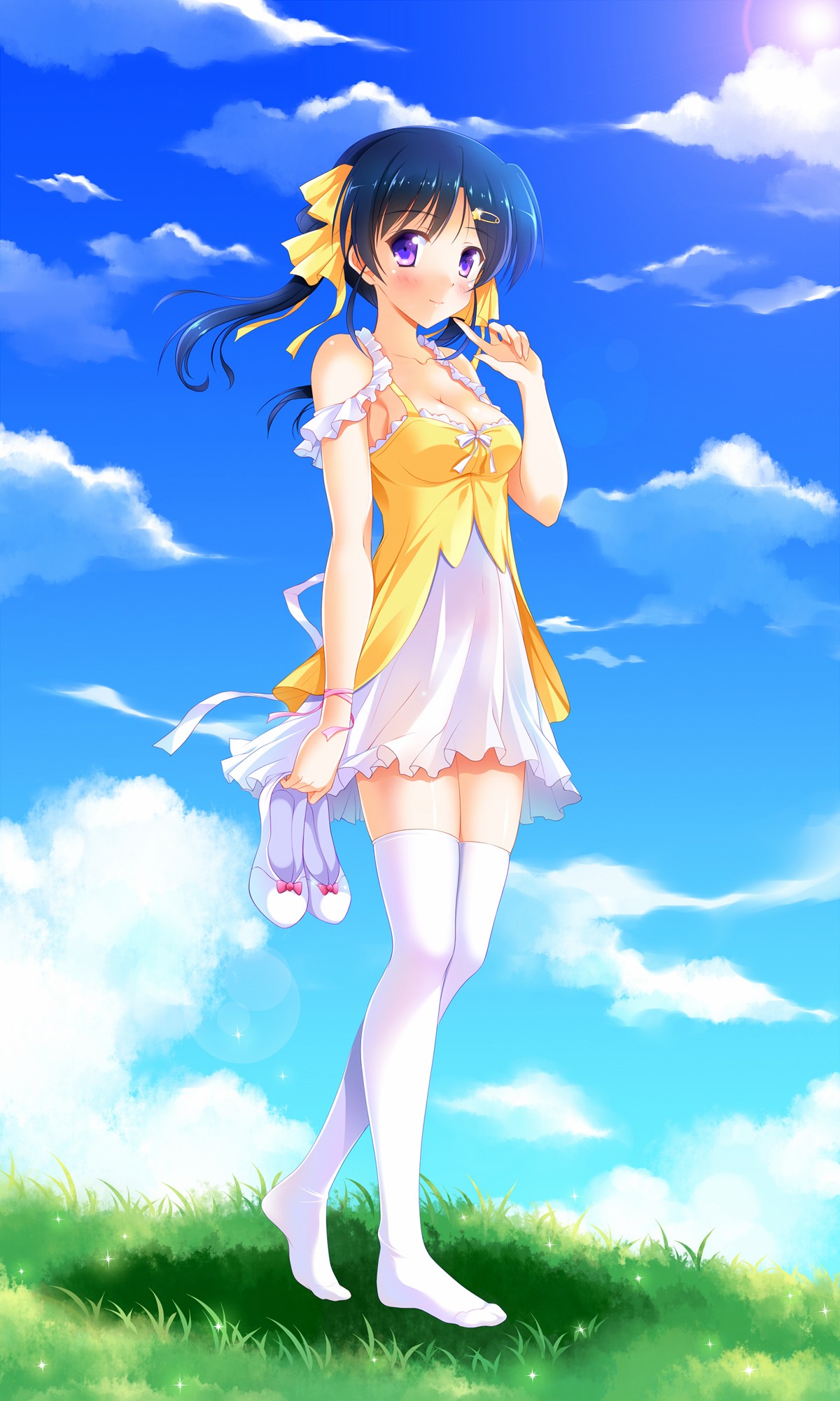 Anime 1200x2000 anime anime girls cleavage dress see-through clothing stockings grass long hair purple hair sky clouds thigh-highs