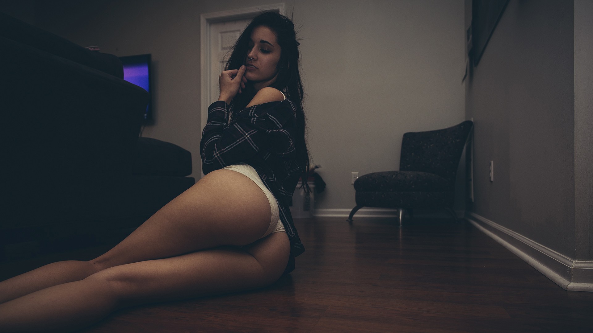 People 1920x1080 women on the floor ass shirt leotard tanned closed eyes nose ring black hair Natalie Roush American women American Model internet personality legs floor
