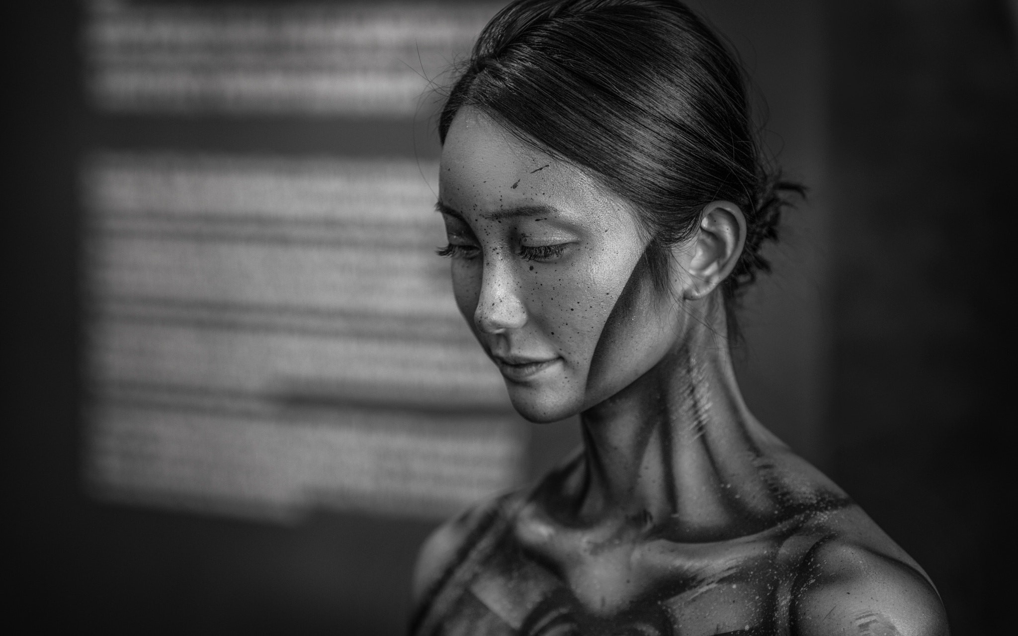 People 2048x1279 Joachim Bergauer monochrome face women model 500px women indoors portrait Asian body paint