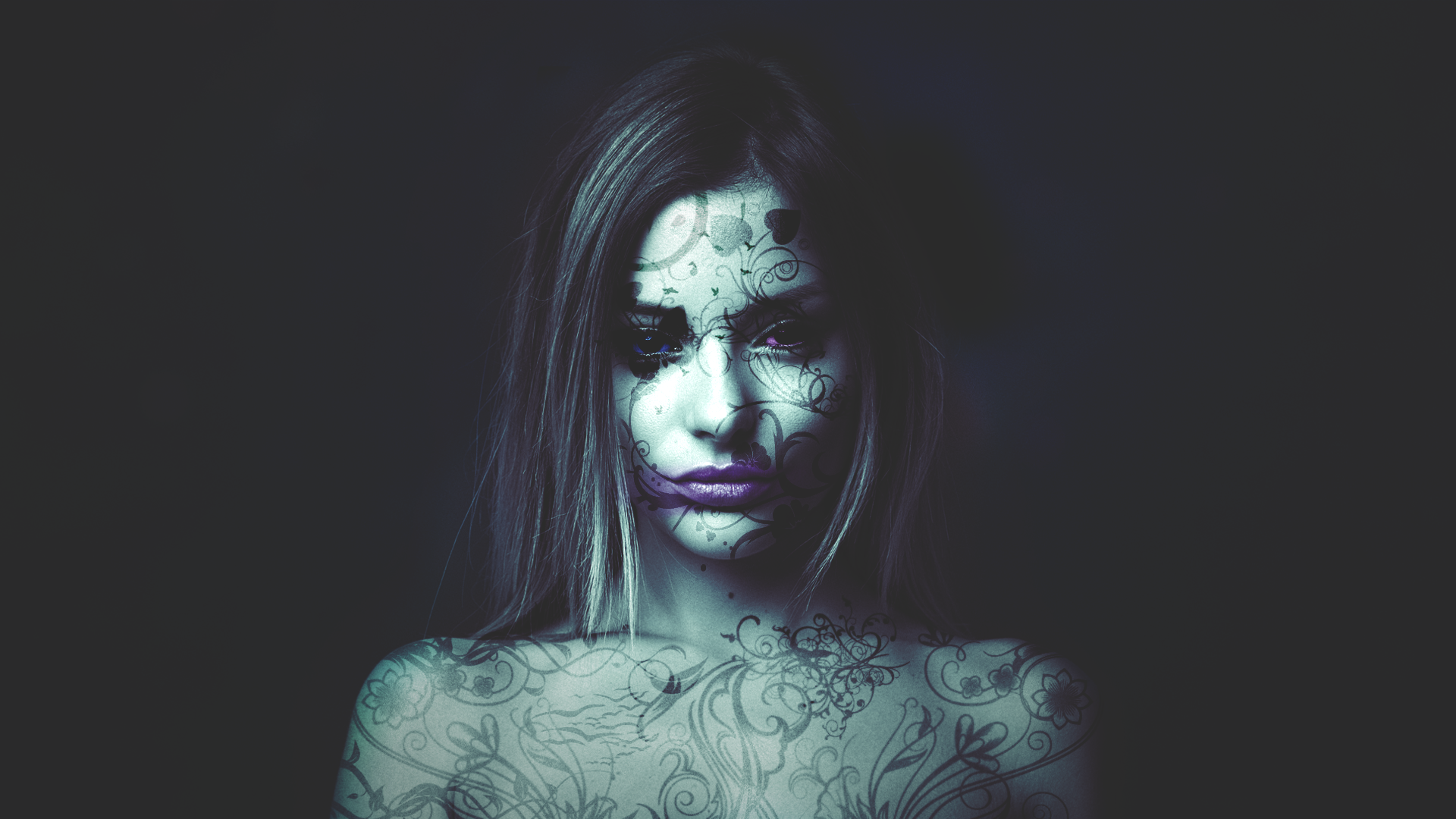 General 1920x1080 photoshopped women tattoo model portrait simple background fantasy girl cyan dark purple lipstick