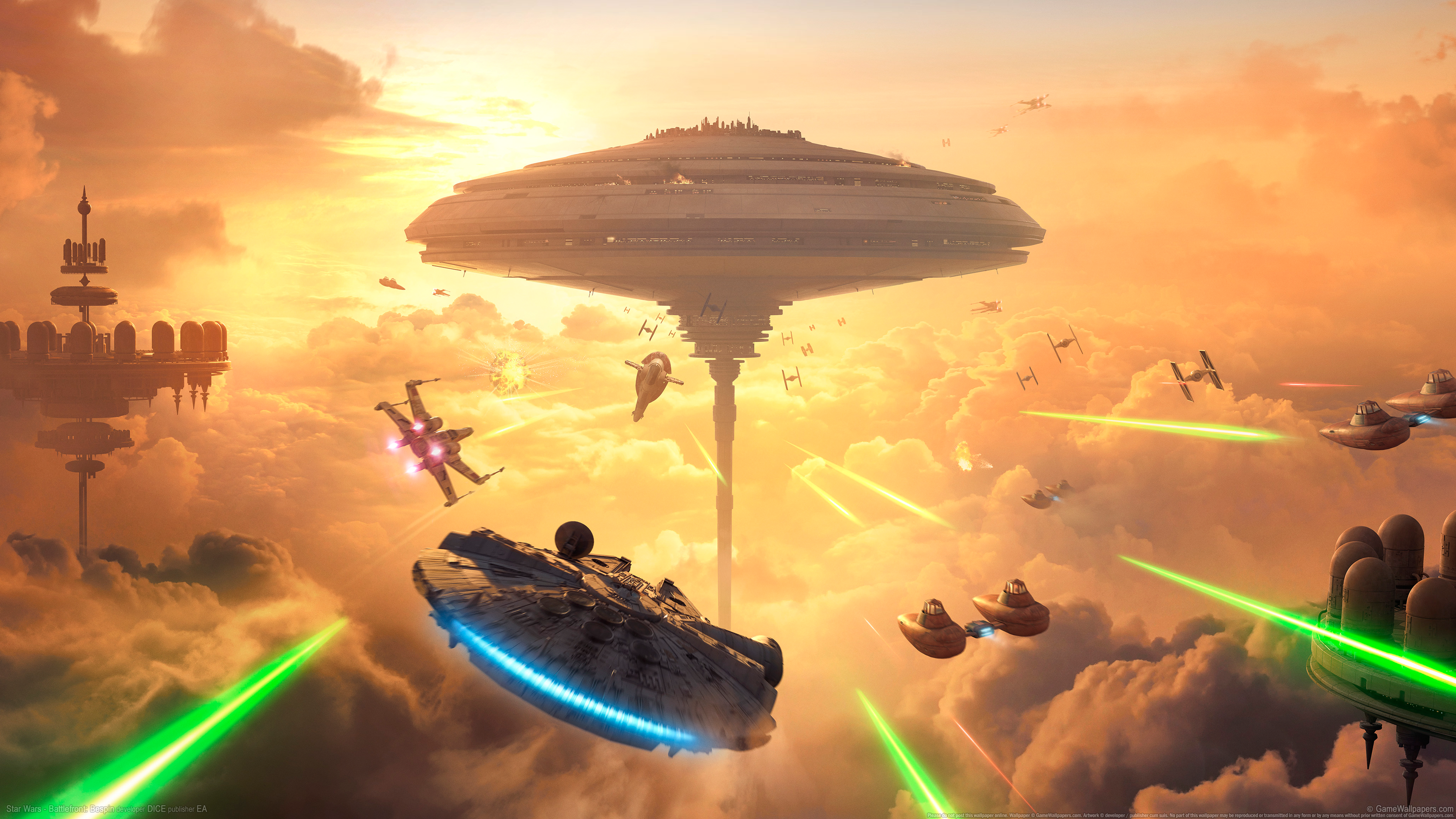 General 3840x2160 Star Wars: Battlefront Bespin Millennium Falcon cloud city video games PC gaming video game art battle science fiction Star Wars Ships Electronic Arts EA DICE