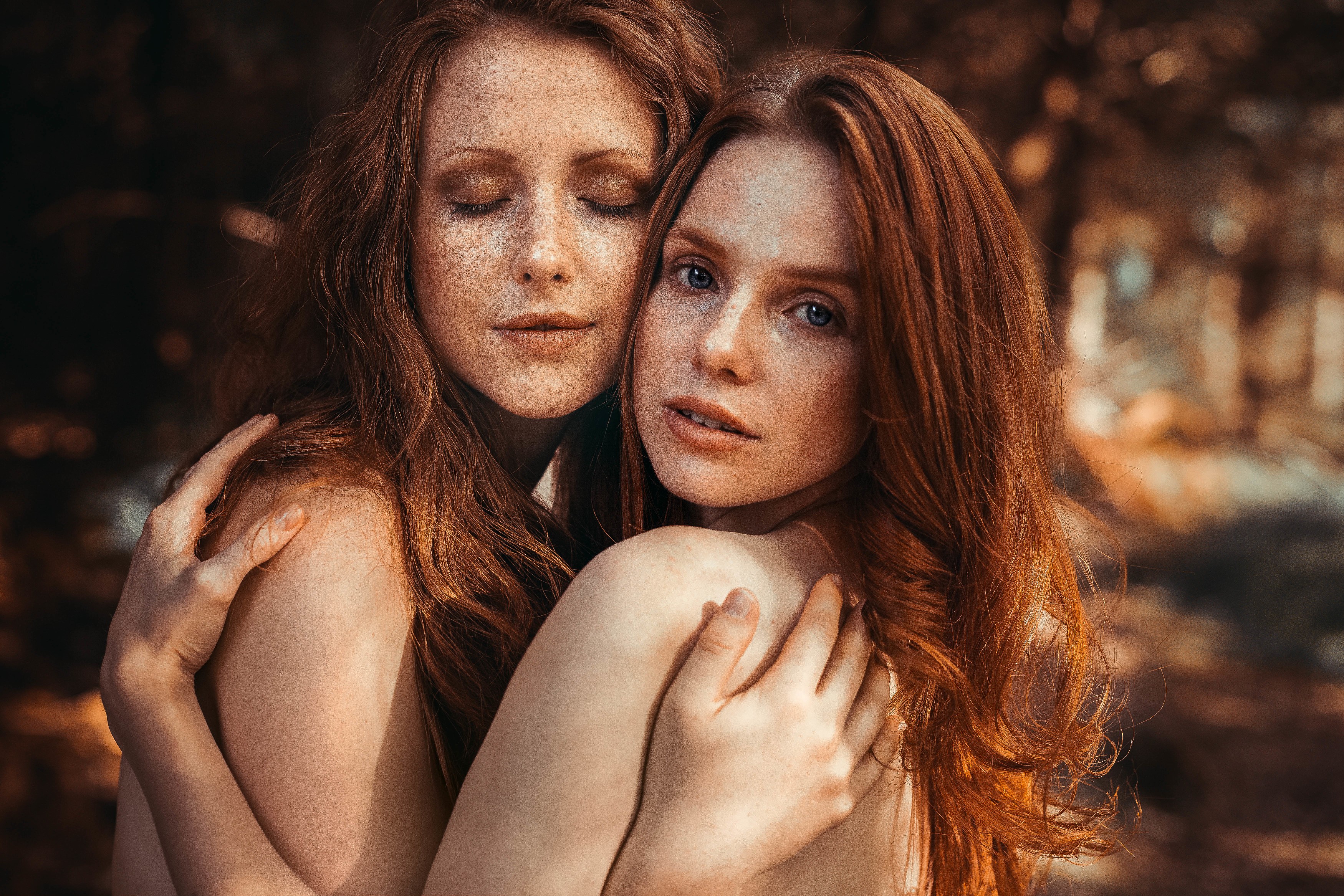 People 3500x2334 women couple model looking at viewer closed eyes hugging freckles redhead blue eyes forest two women portrait closeup implied nude parted lips side view outdoors women outdoors face strategic covering